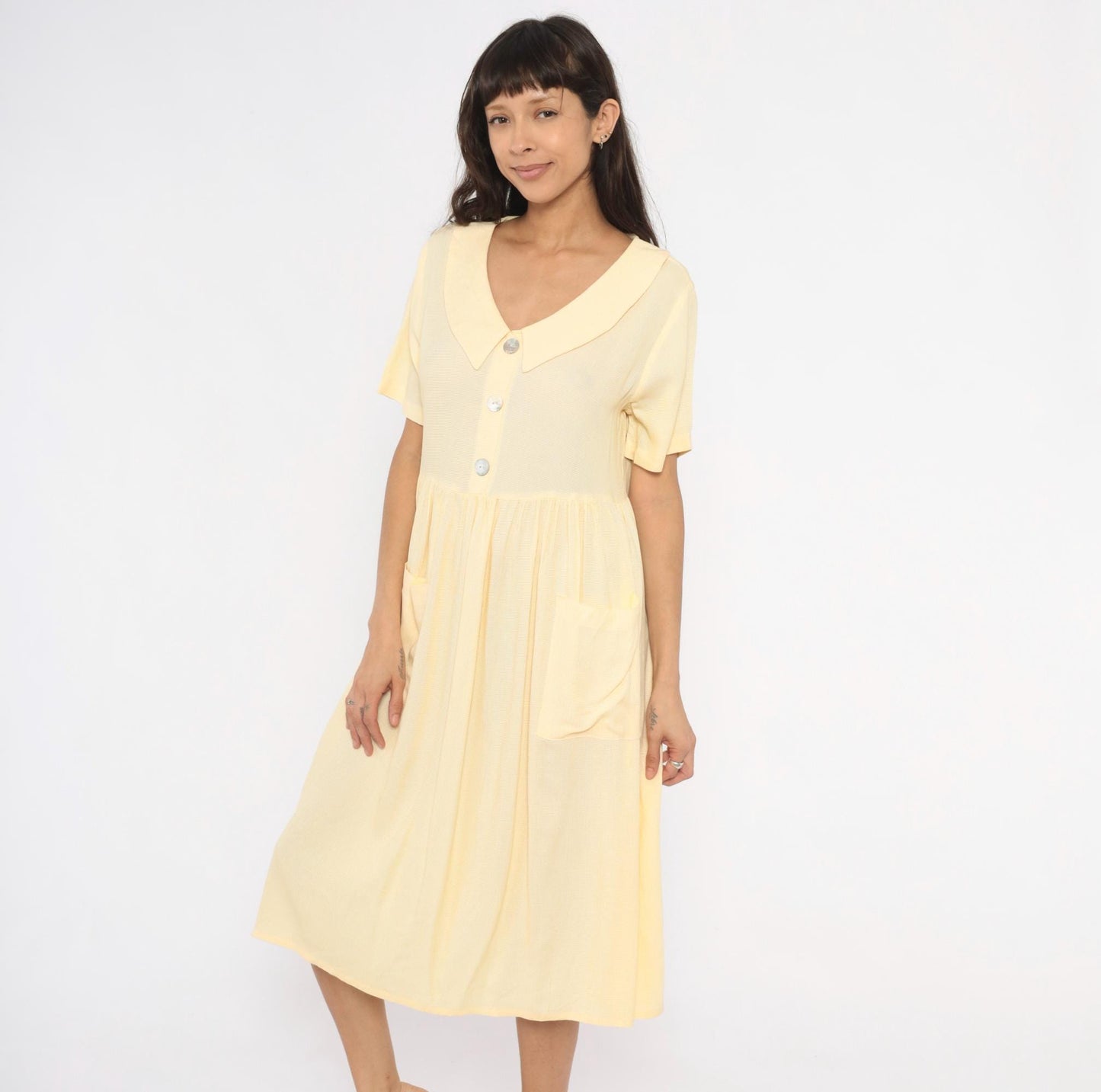 90s Dressing Clio Yellow Gingham Midi Dress Peter Pan Collar Petite Medium