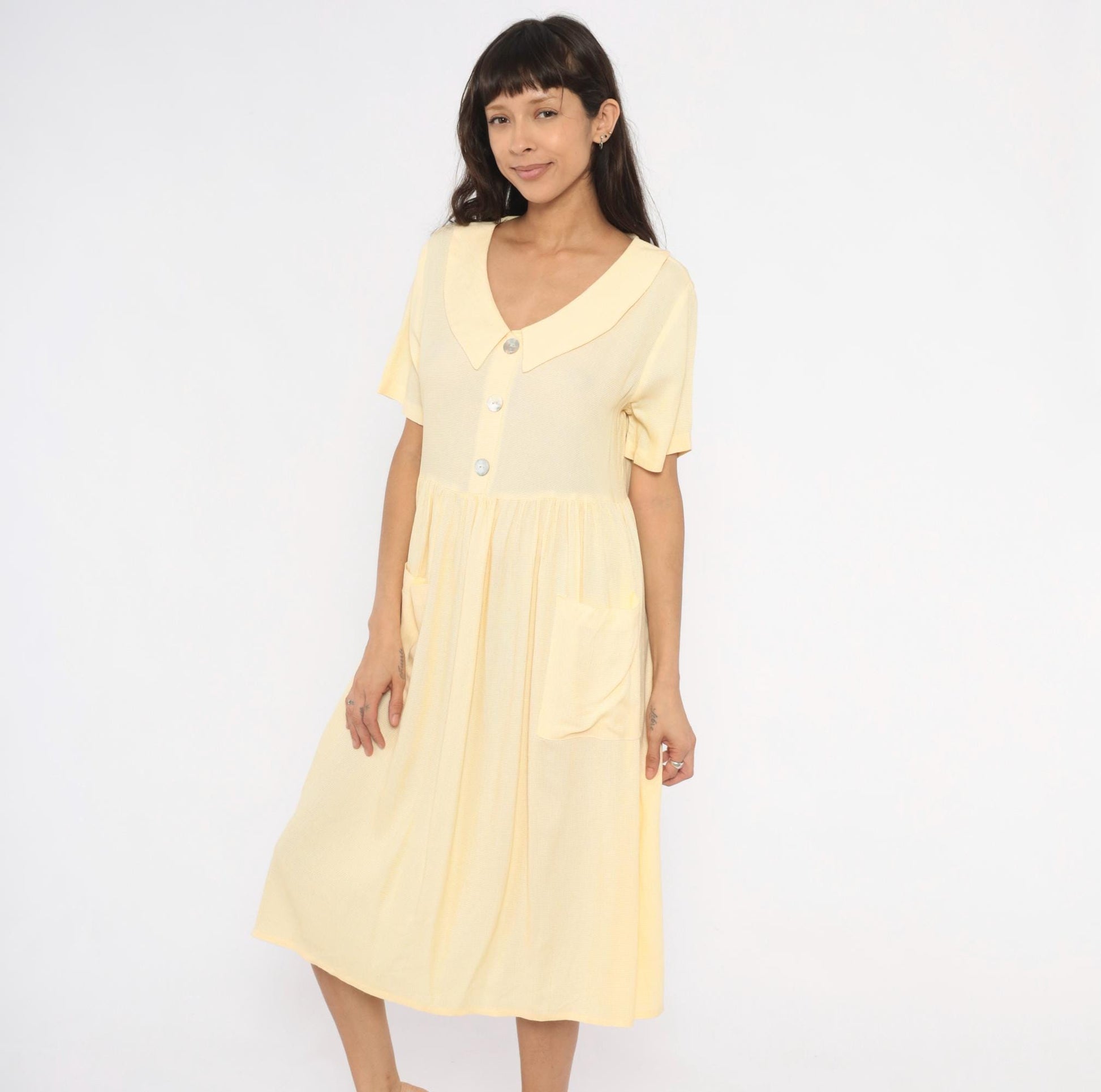 90s Dressing Clio Yellow Gingham Midi Dress Peter Pan Collar Petite Medium