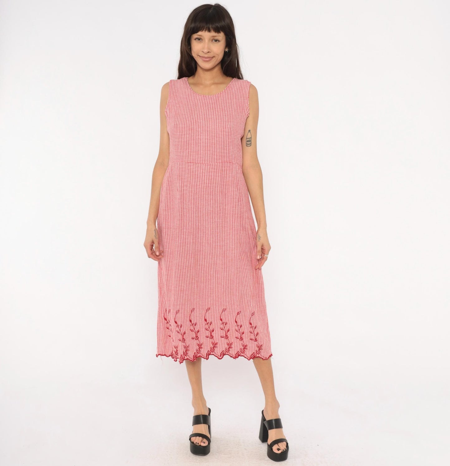 80s Country Wear Gingham Midi Dress Red White Embroidered Scalloped Petite Large
