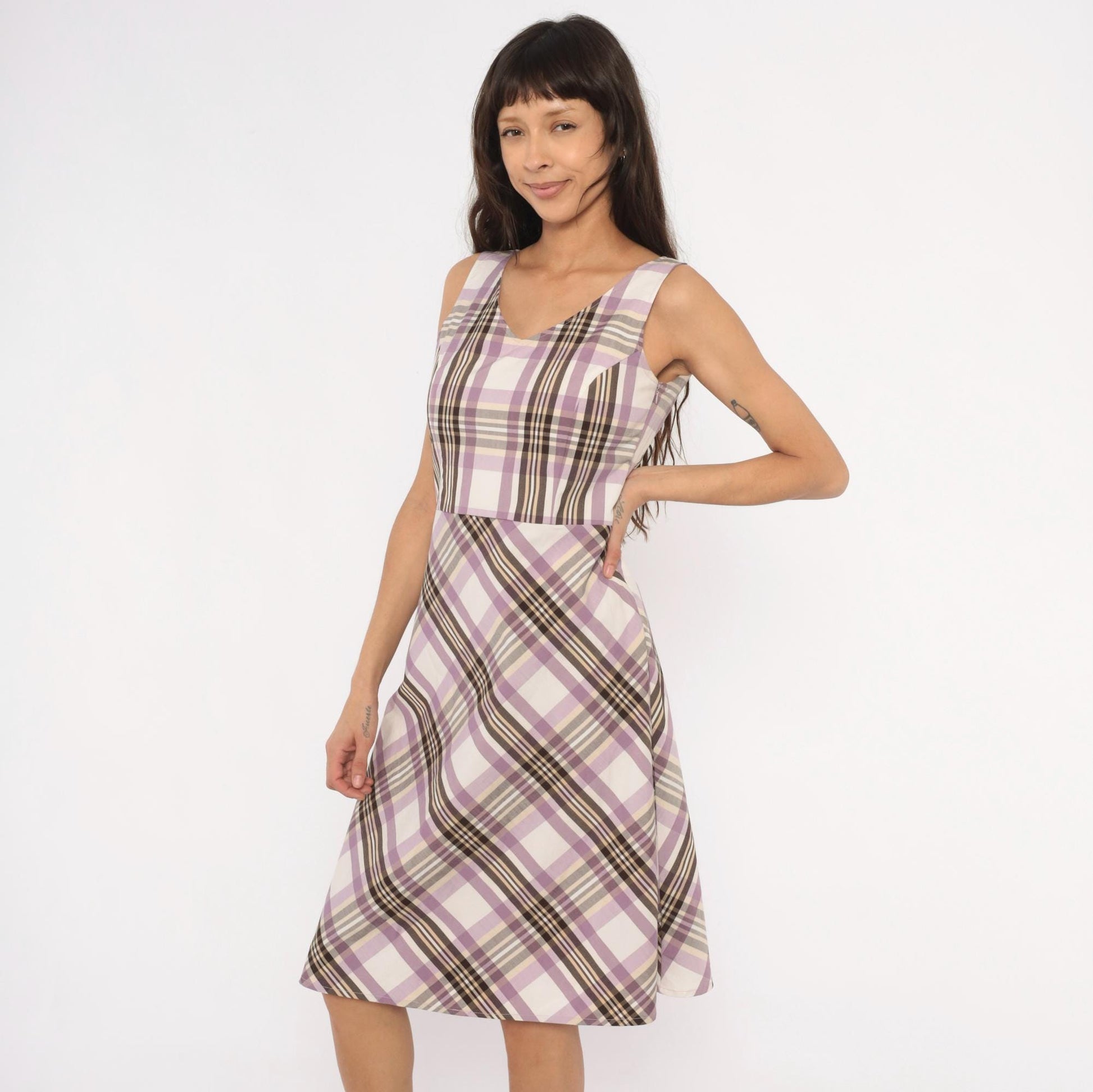 90s Kari Lavender Plaid Sundress V-Neck Mini Check Small