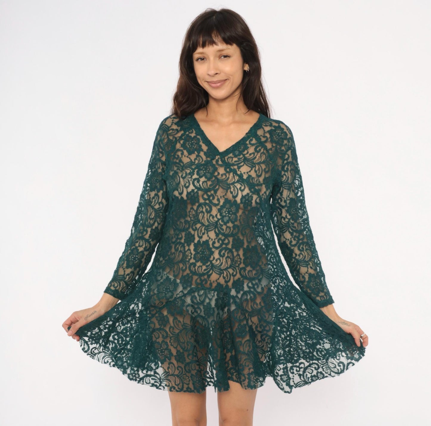90s Adore Forest Green Lace Mini Dress V Neck Long Sleeve A Line Medium M