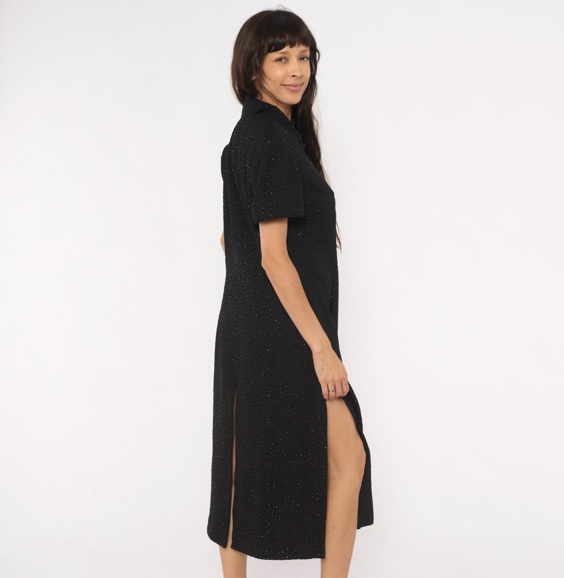 90s R&M Richards Black Glitter Cheongsam Midi Dress Frog Closure Mandarin Collar Extra Large