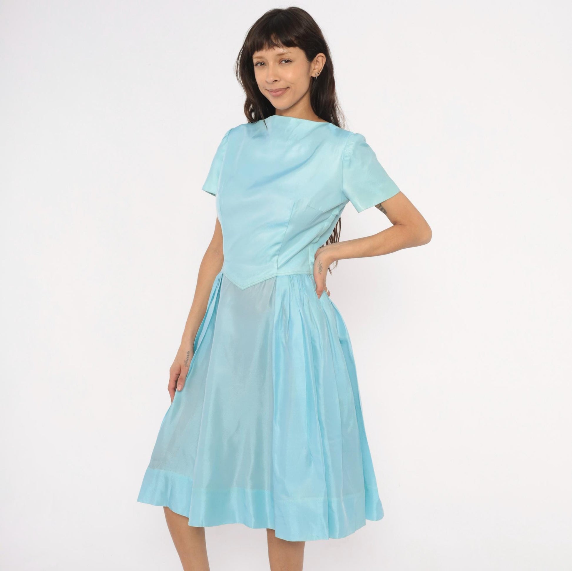 60s Baby Blue Fit-and-Flare Dress Basque Waist Pleated Knee-Length Large L