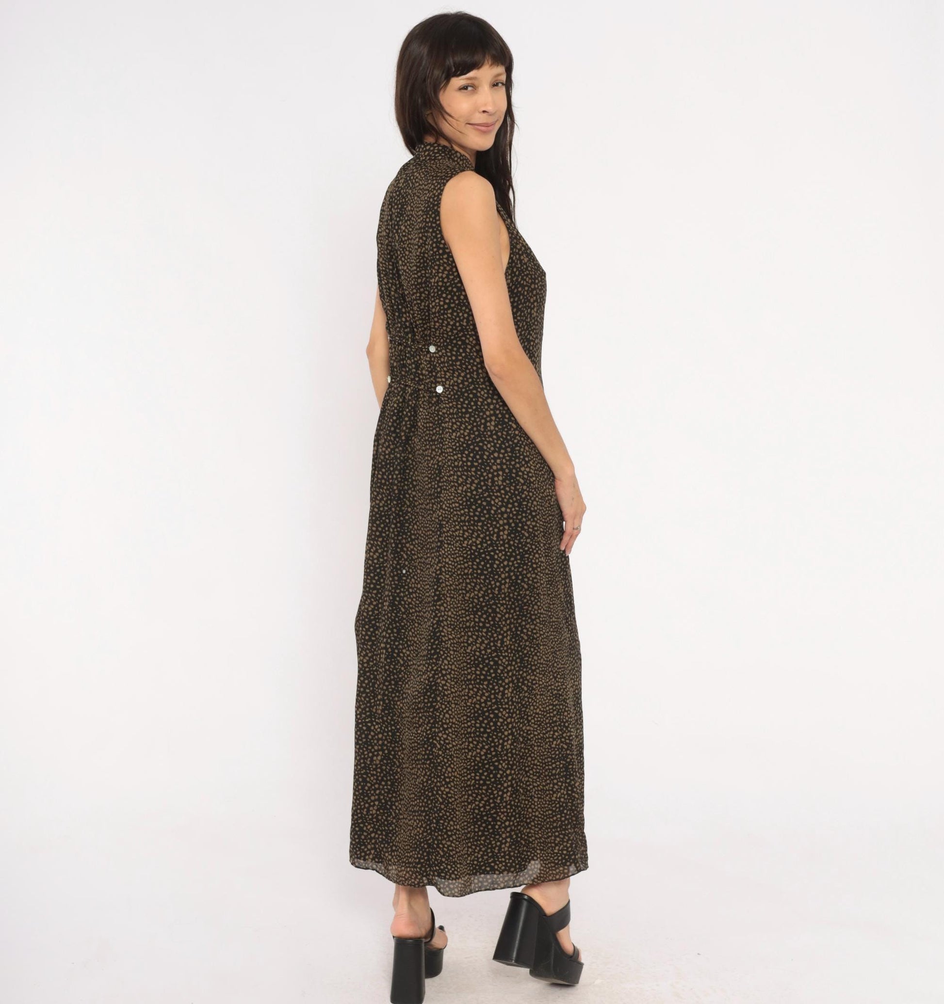 90s David Warren New York Maxi Dress Mandarin Collar Keyhole Black Tan Spotted Large L