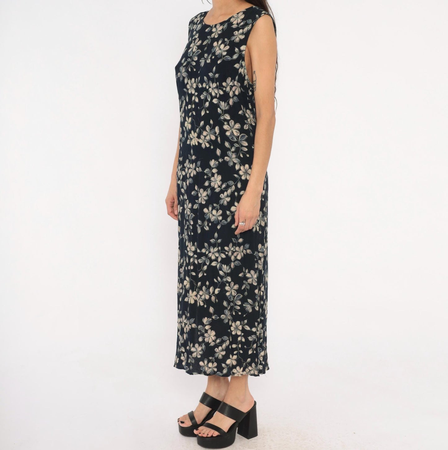 90s Northern Reflections Floral Maxi Dress Navy Cream Grey Keyhole Tie Back Large