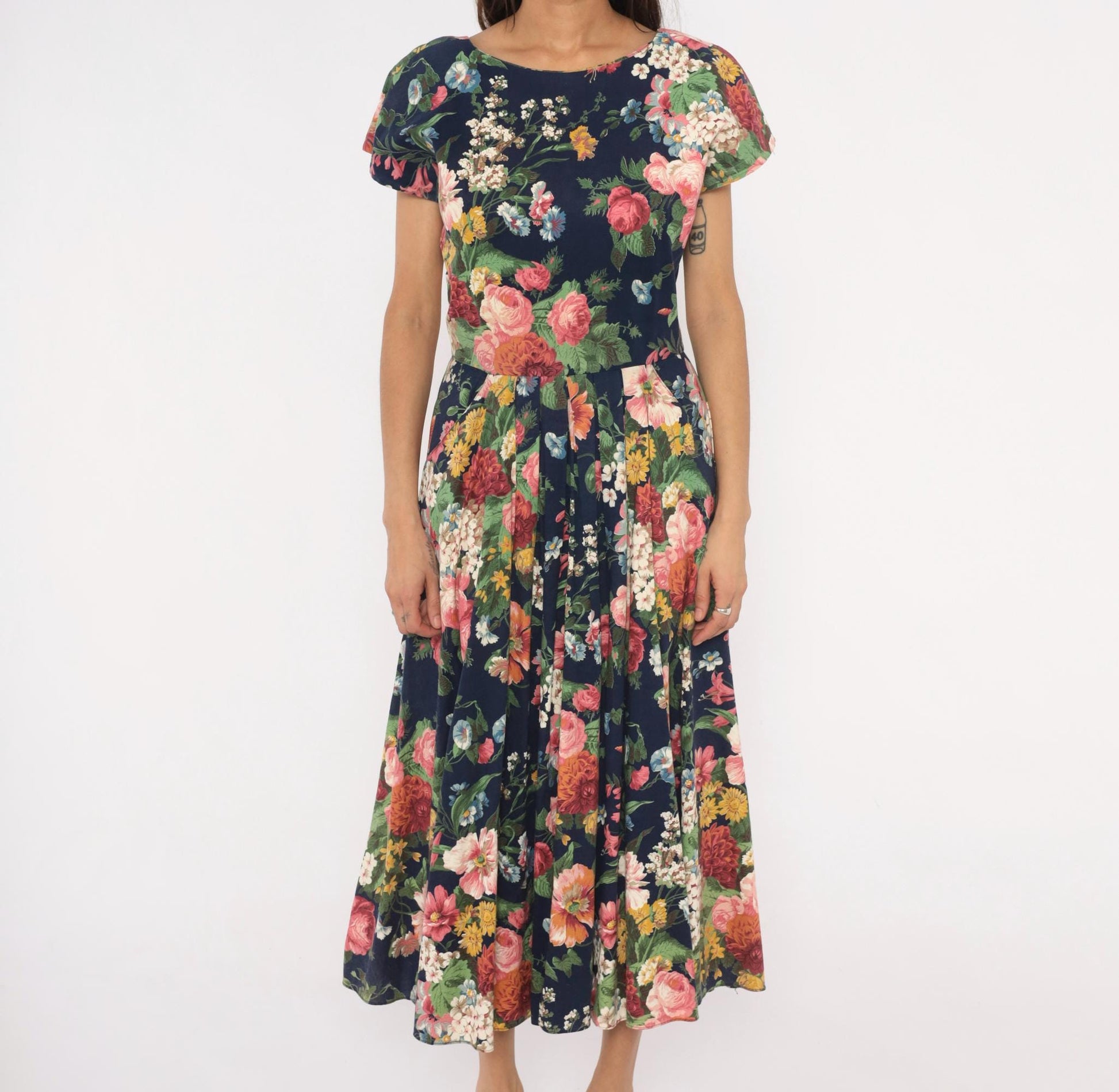 90s E.D. Michaels Floral Midi Dress Navy Cotton Garden Print Scoop Back Small
