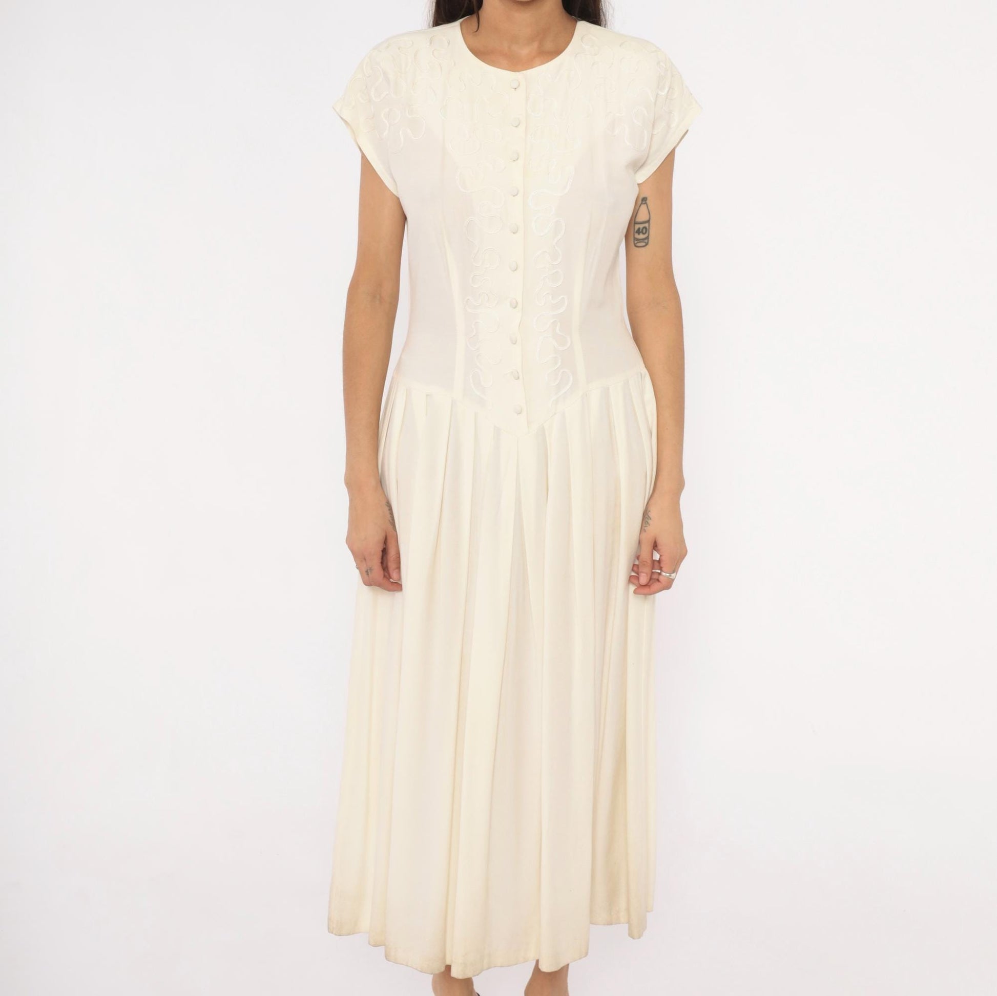 90s Jlt Soutache Embroidered Maxi Dress Cream Button Front Cap Sleeve Medium M