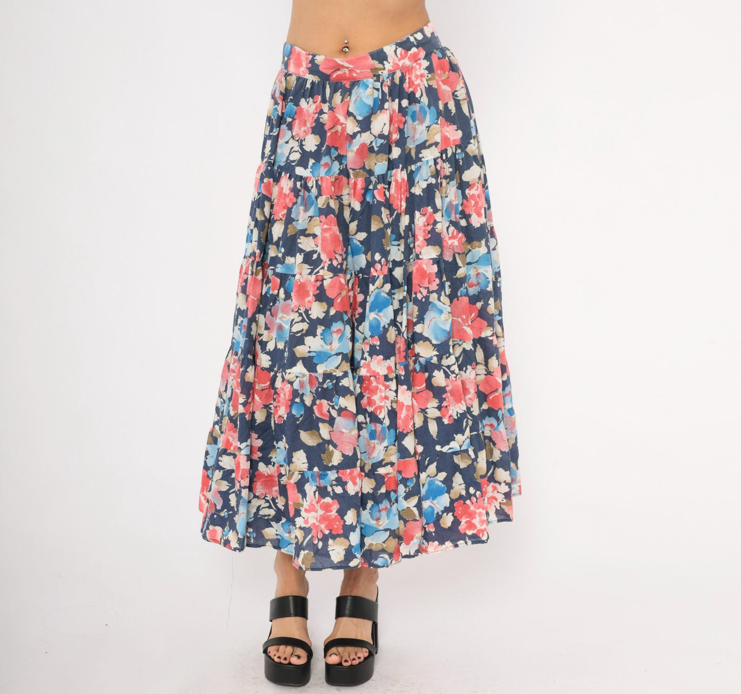 80s Navy Floral Tiered Cotton Midi Skirt Watercolor Print Large L
