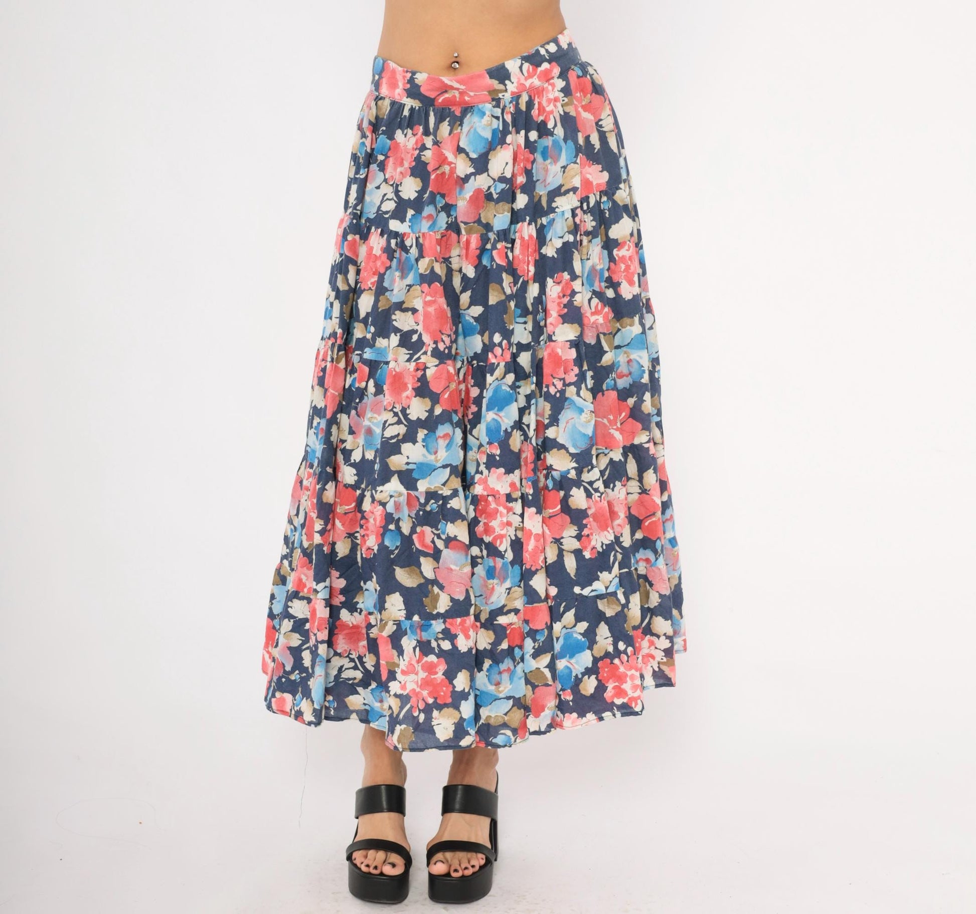 80s Navy Floral Tiered Cotton Midi Skirt Watercolor Print Large L