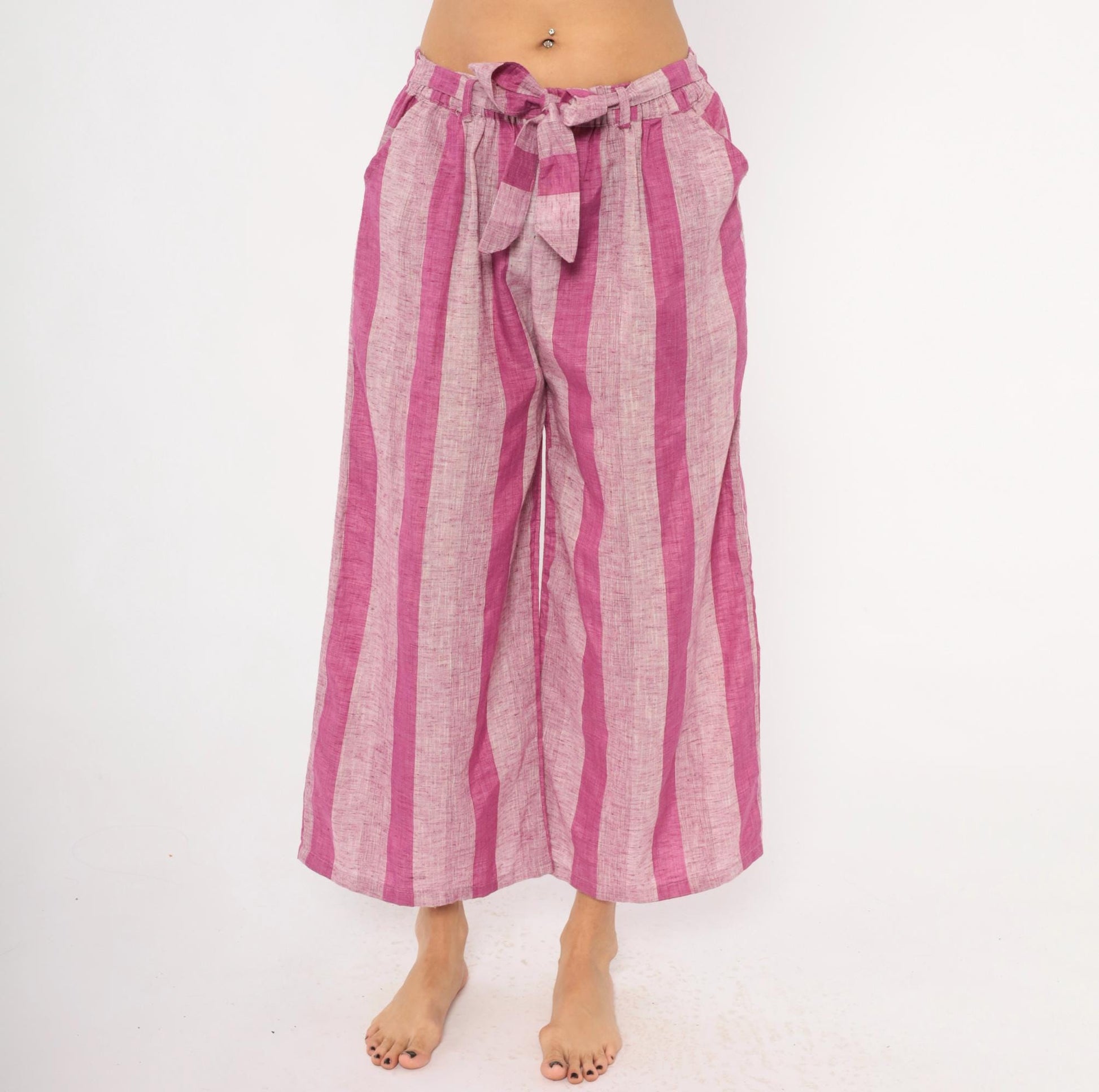 2000s Pink Plum Striped Wide Leg Cropped Pants Cotton Tie Waist Plus Size XXL
