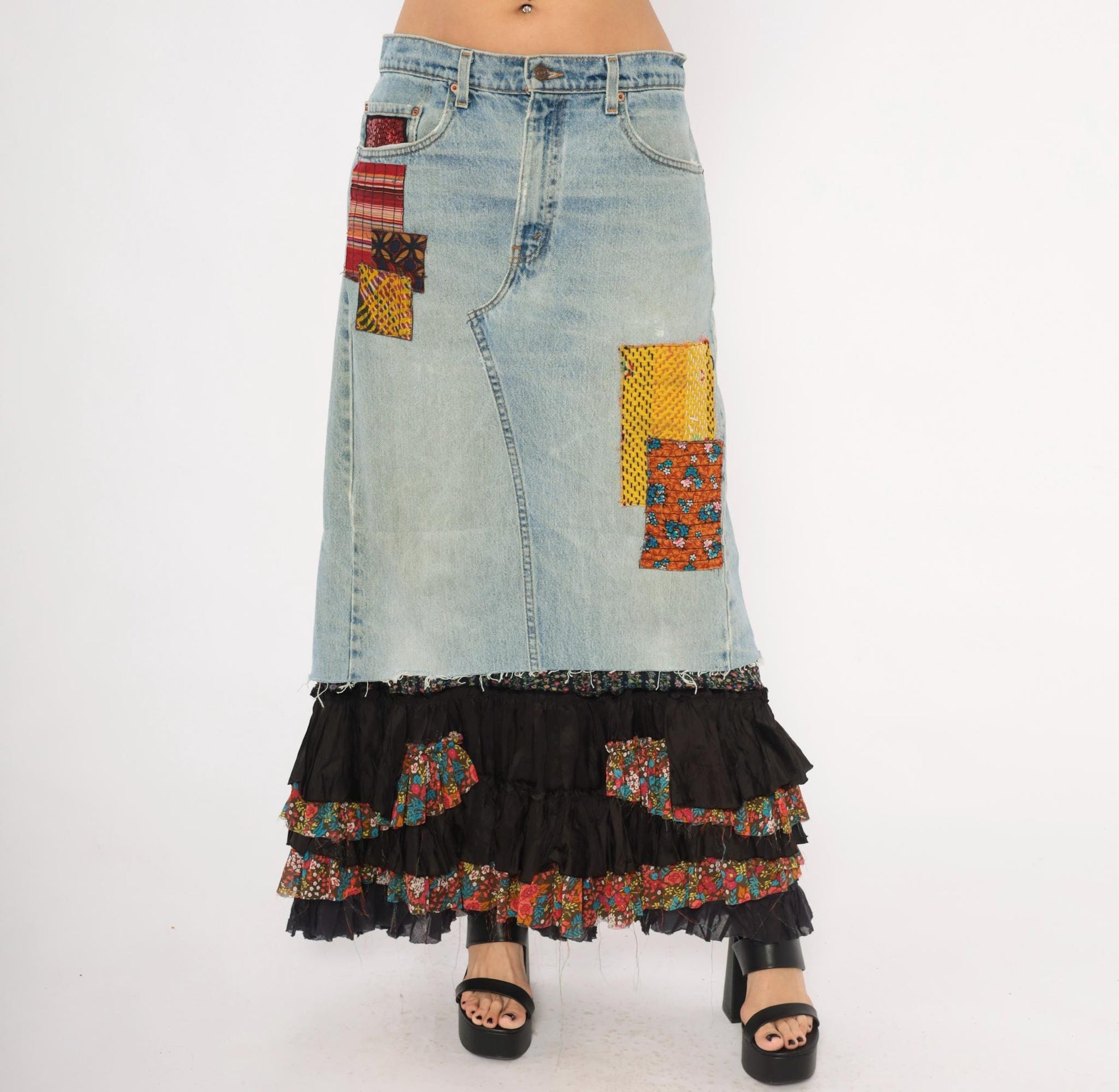 00s FP One Free People Patchwork Denim Maxi Skirt Light Wash Ruffled Small