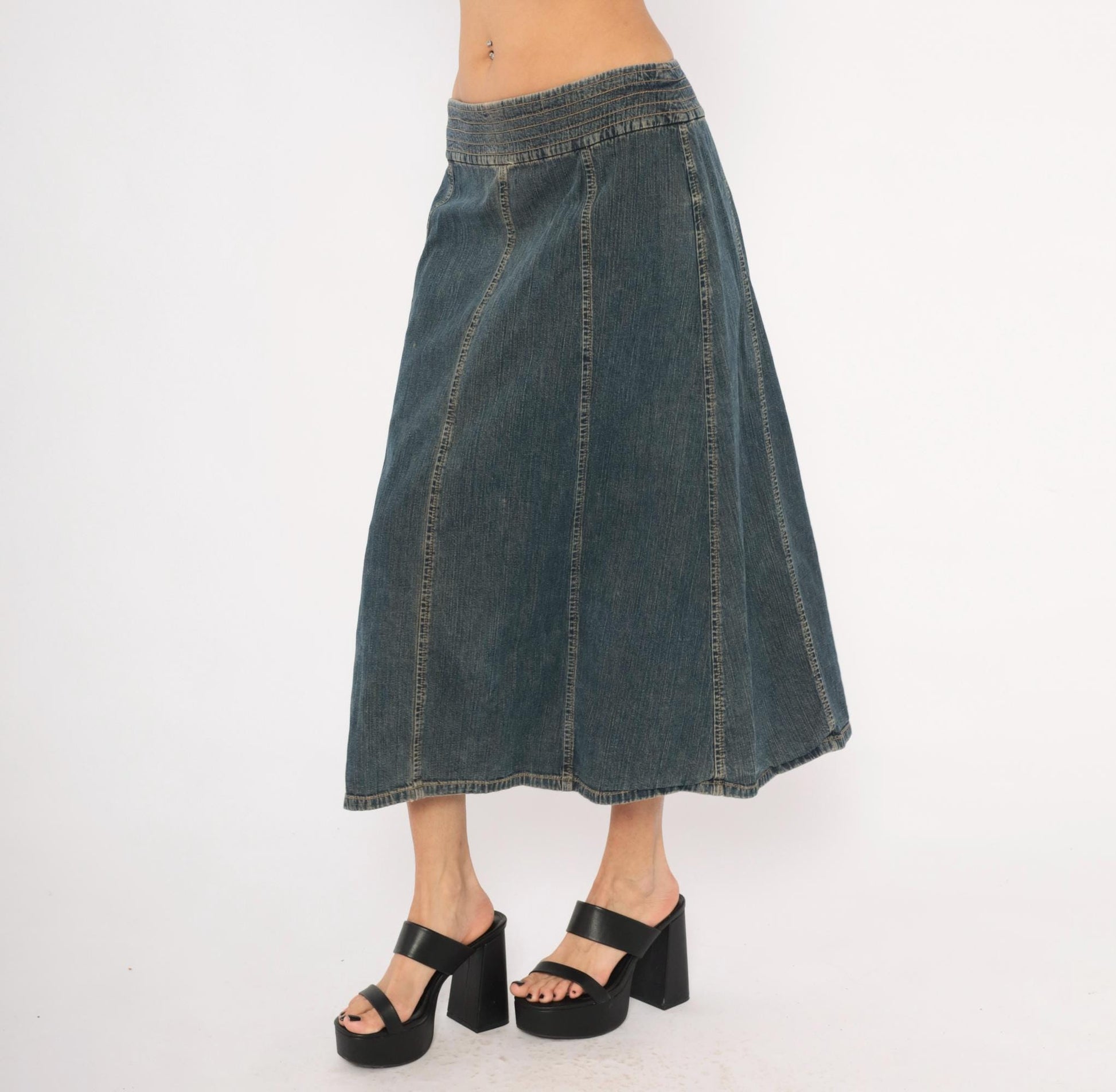 2000s Tommy Hilfiger Denim Midi Skirt Navy A-Line Low Rise Medium M