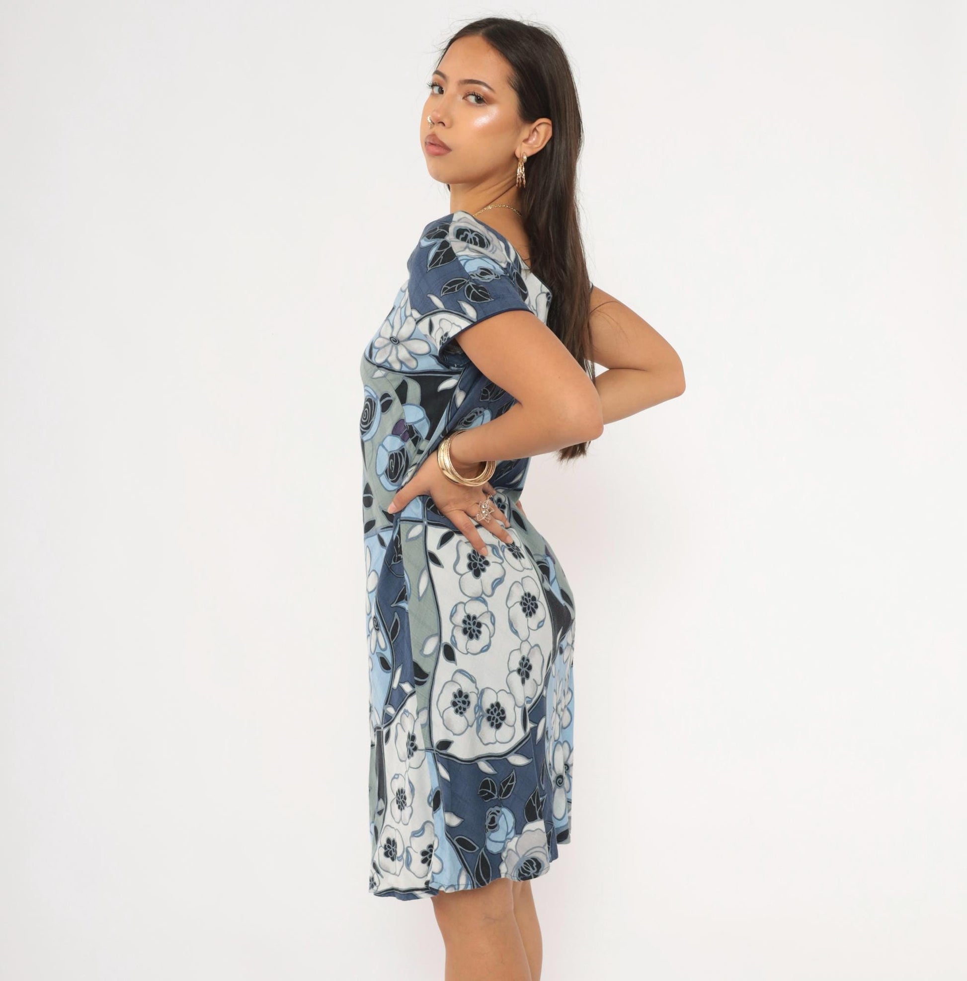 Y2K Iolani Patchwork Floral Mini Dress Navy Sky Blue Rayon Small