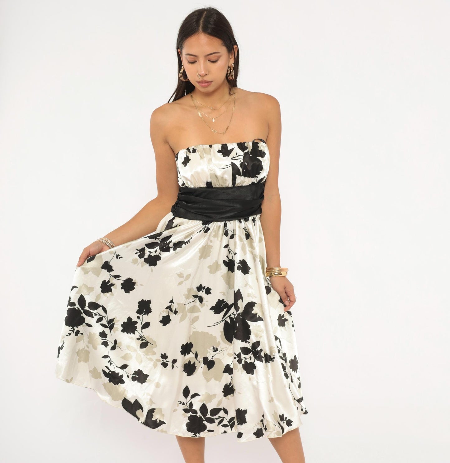 Y2K Intrigue Strapless Floral Mini Dress Black Cream Satin Empire Waist Medium