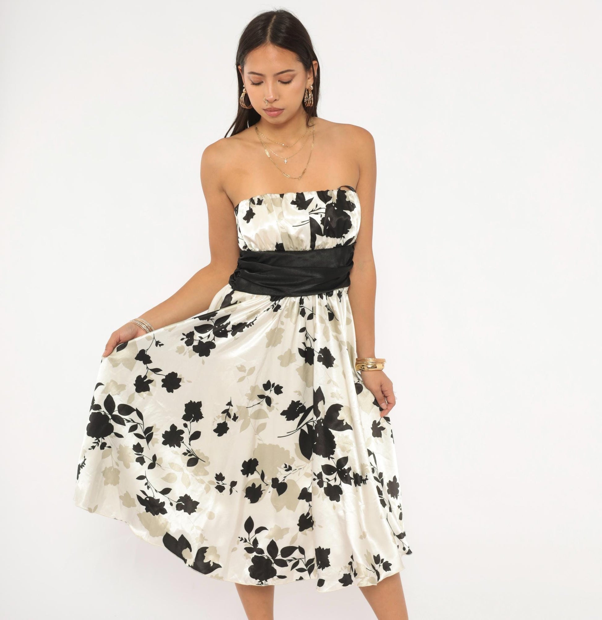 Y2K Intrigue Strapless Floral Mini Dress Black Cream Satin Empire Waist Medium