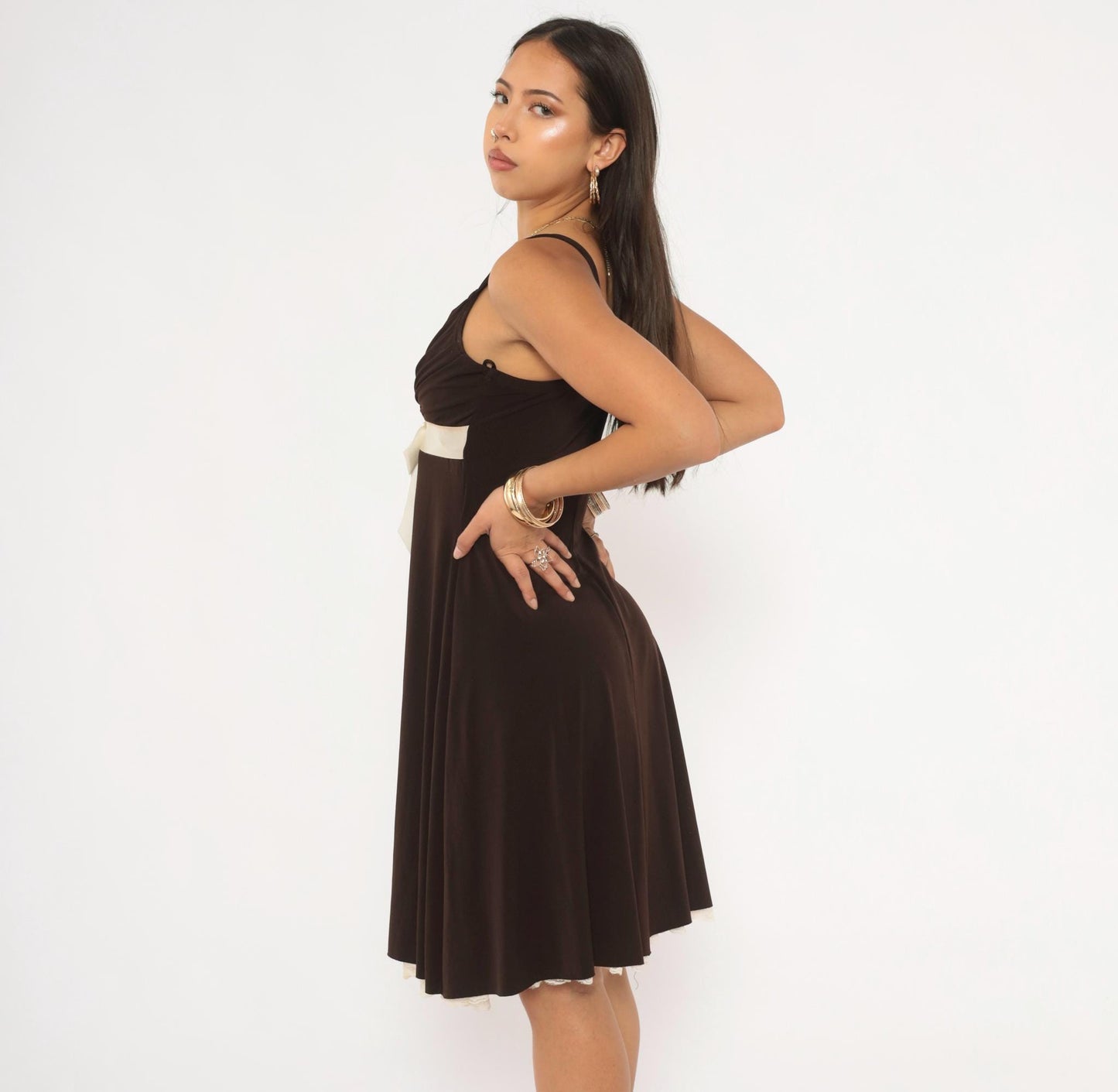 Y2K My Michelle Chocolate Brown Mini Dress Satin Bow Empire Waist Medium M
