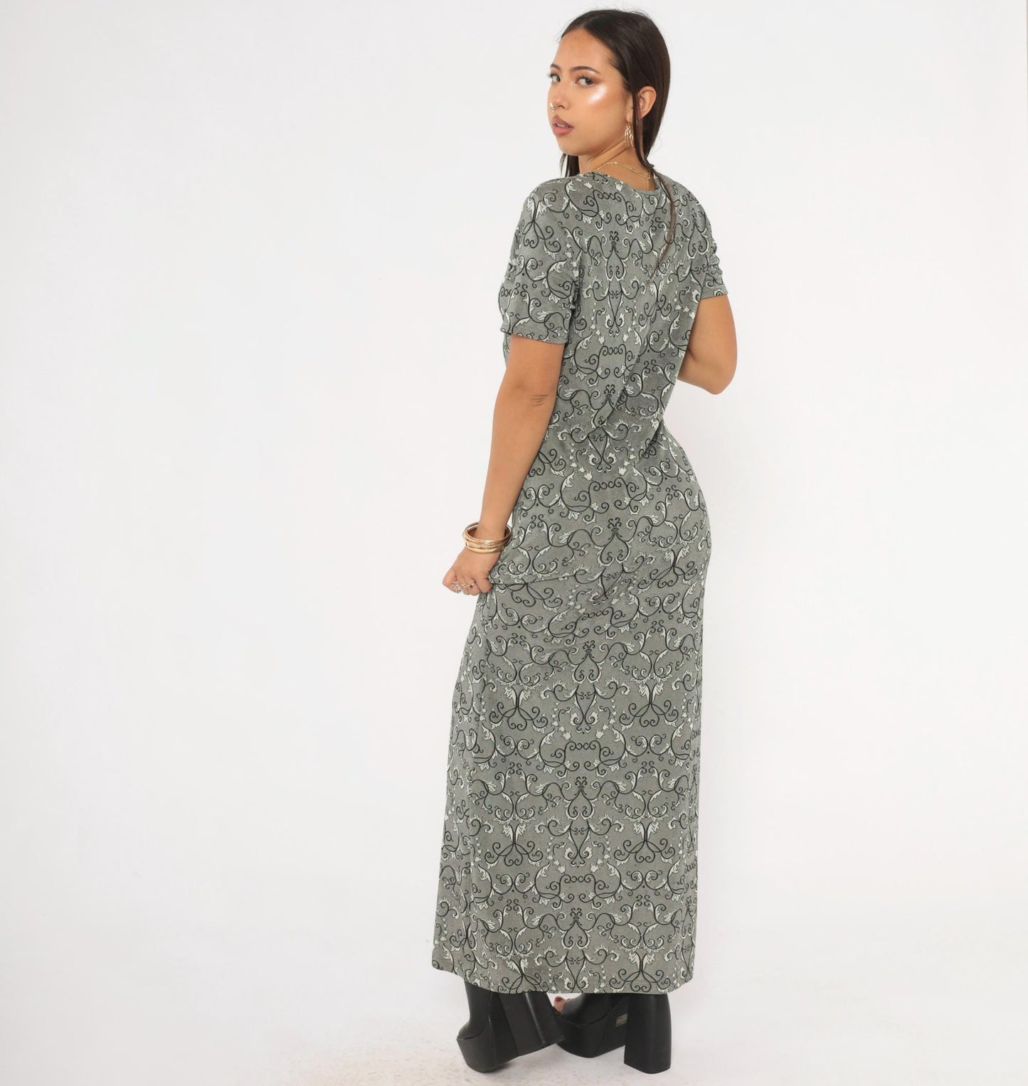90s Abba Lycra Maxi Dress Baroque Damask Print Charcoal Short Sleeve Large L