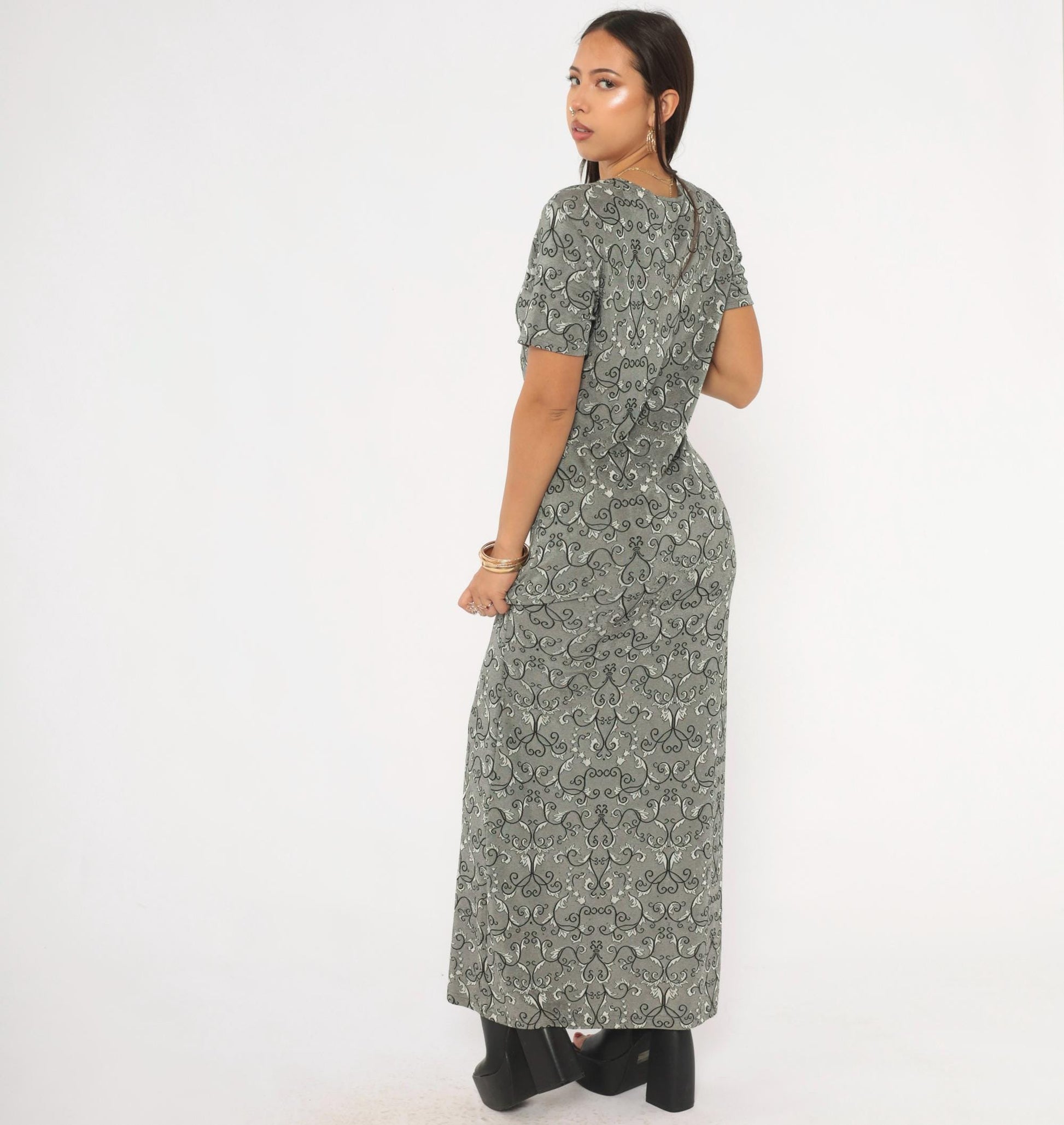 90s Abba Lycra Maxi Dress Baroque Damask Print Charcoal Short Sleeve Large L