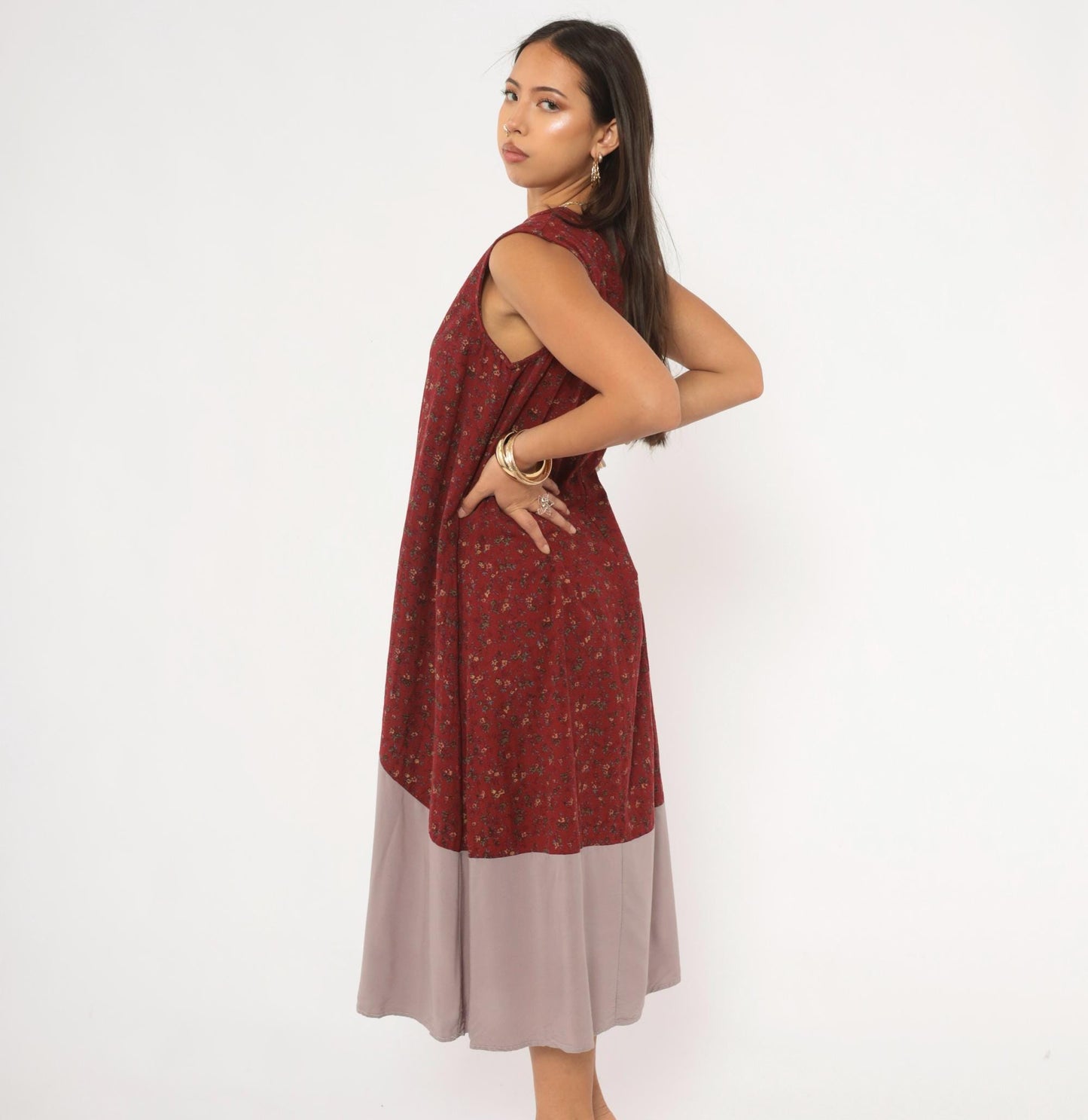00s Burgundy Floral Ditsy Midi Dress Sleeveless Cotton Shift Small Medium
