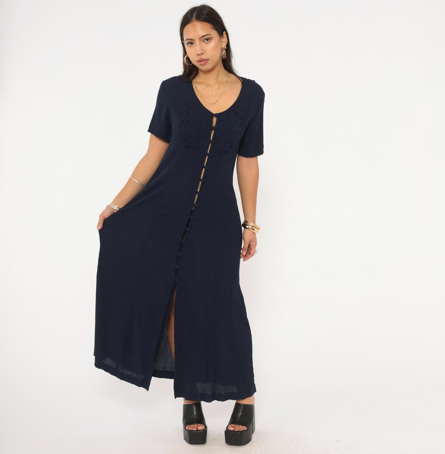 90s Fashion Bug Navy Maxi Dress Floral Embroidery Button Front Medium Large