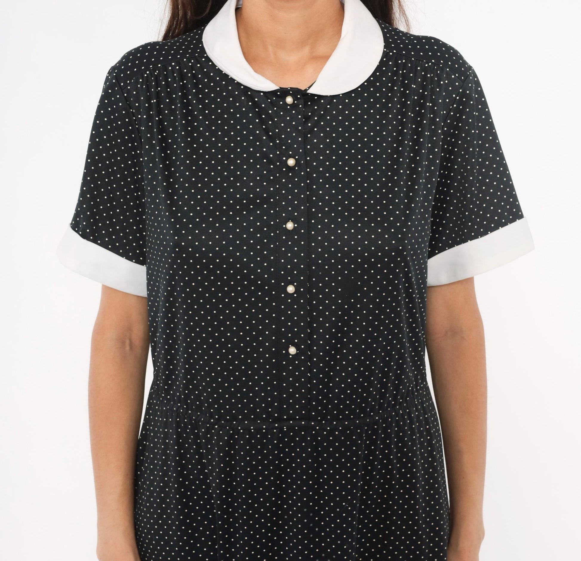 1970s Black White Polka Dot Peter Pan Collar Midi Dress Plus Size XL