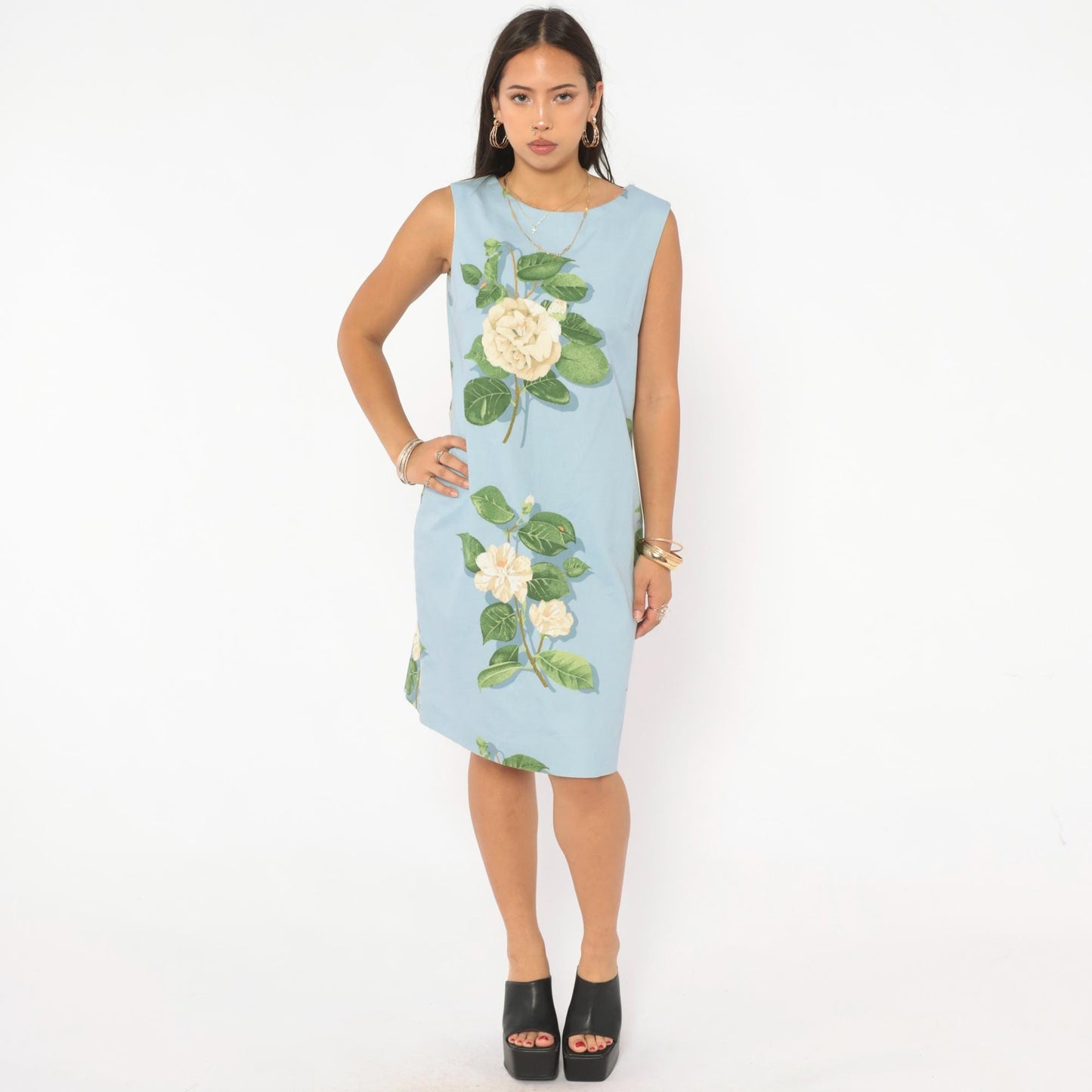 2000s Chris Kellogg Sky Blue Floral Shift Dress Botanical Rose Print Knee Length Medium M