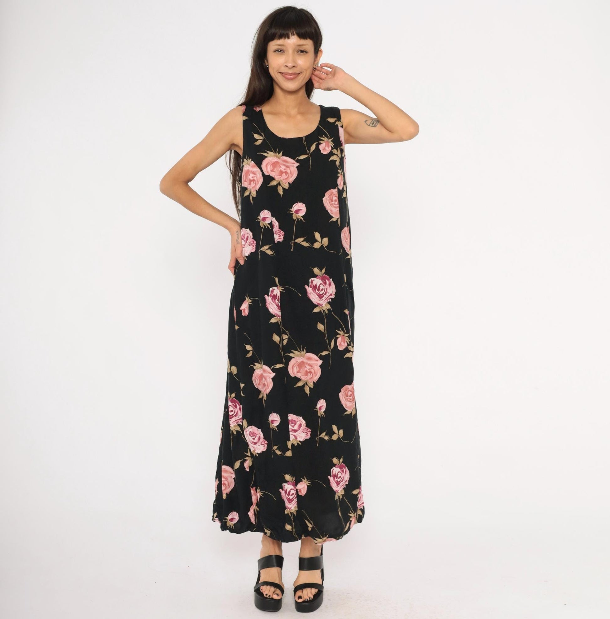90s Jodi Michaels Rose Print Maxi Dress Black Pink Sleeveless Large L