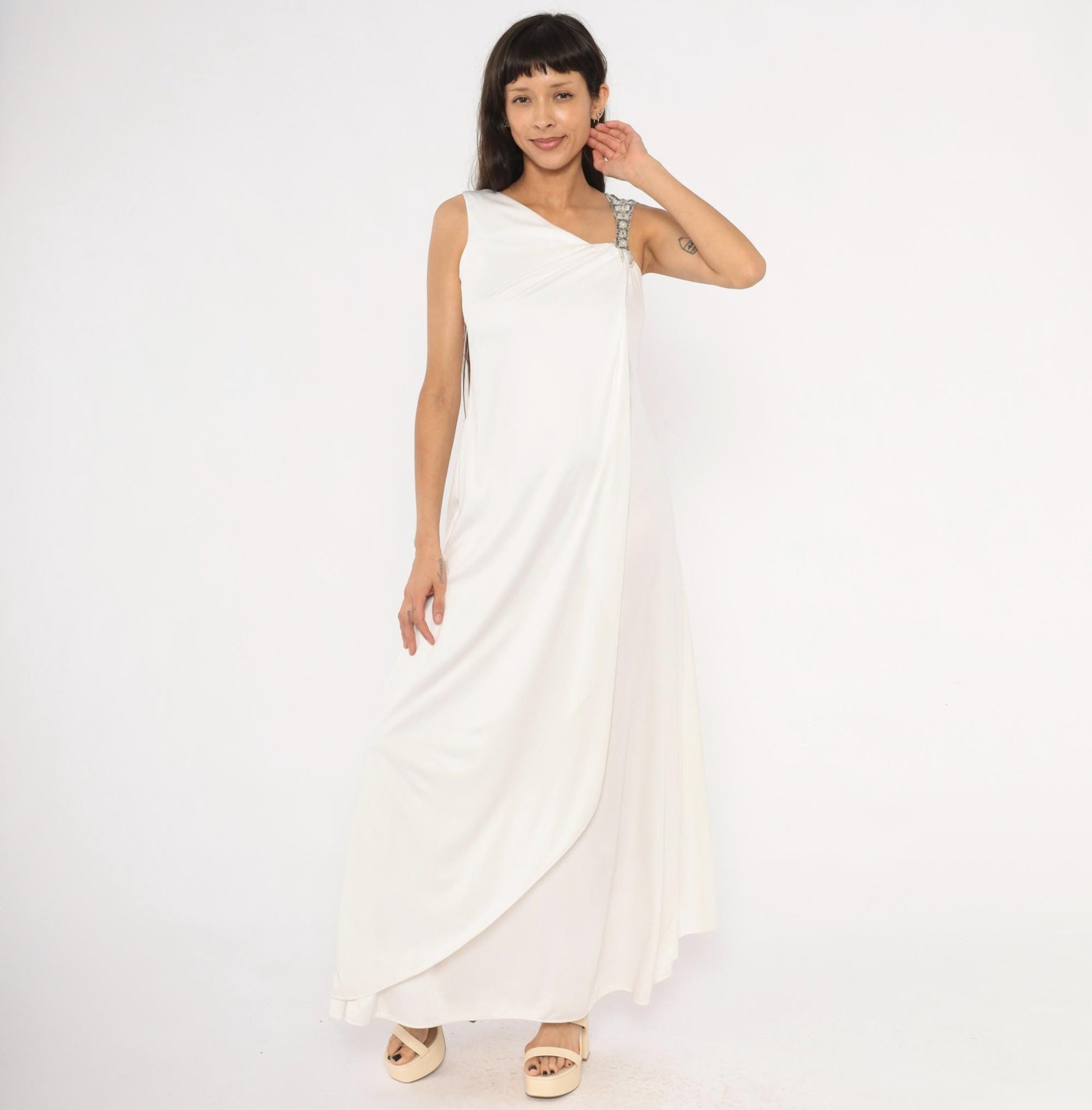 70s White Maxi Gown Asymmetrical Neckline Beaded Crystal Strap Small