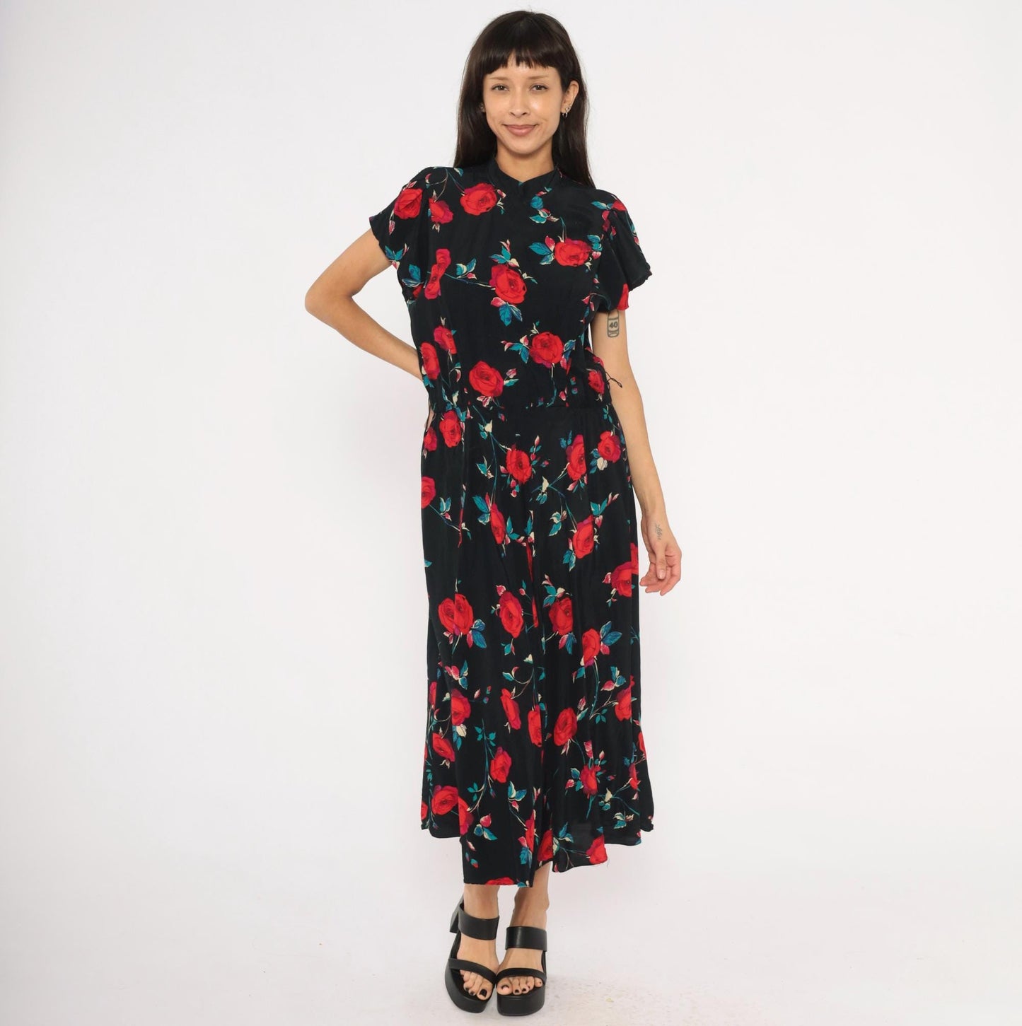 90s Nina Piccalino Black Midi Dress Red Rose Print Mandarin Collar Large L