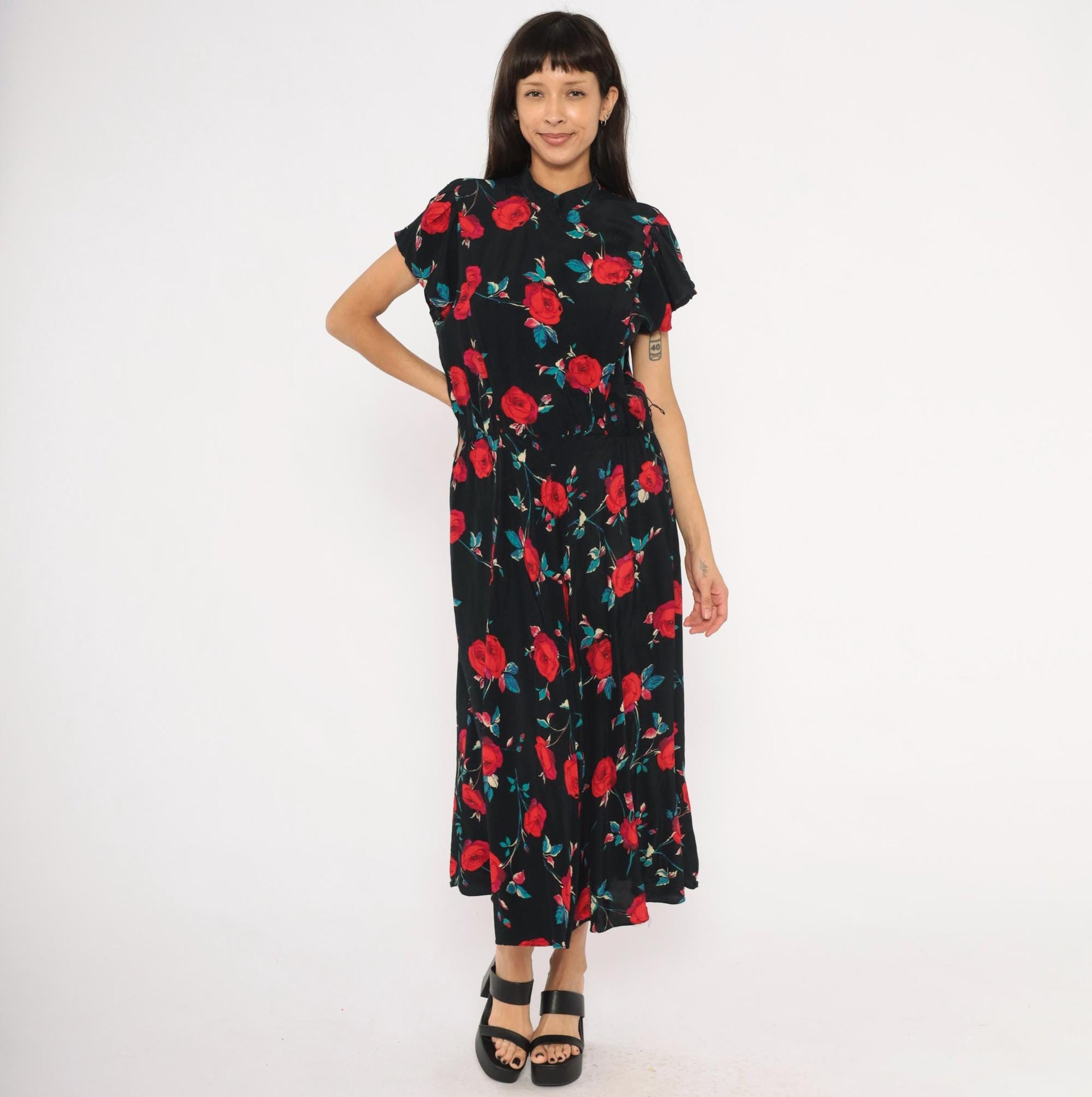 90s Nina Piccalino Black Midi Dress Red Rose Print Mandarin Collar Large L