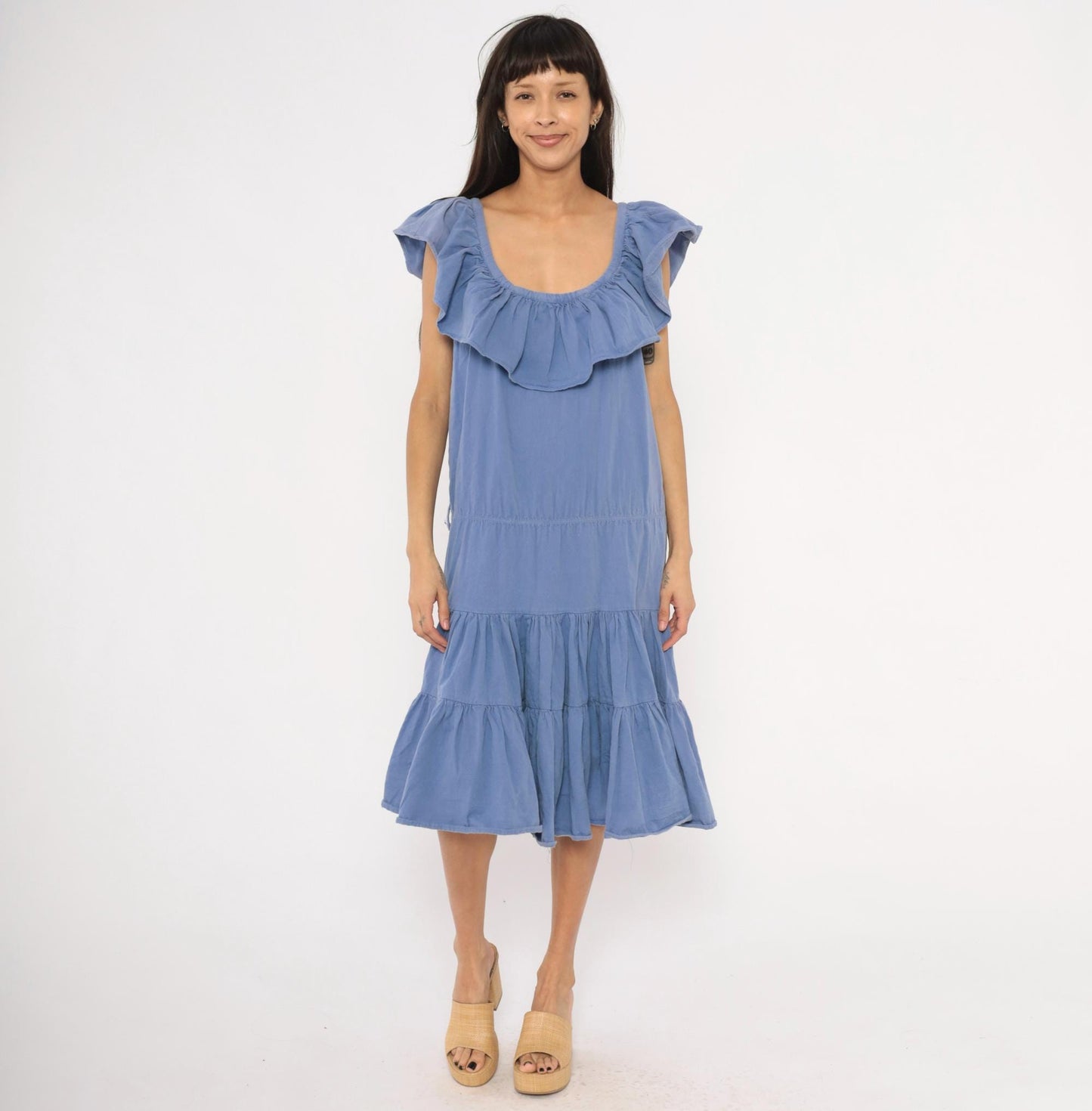 80s Jb Periwinkle Cotton Sundress Tiered Ruffle Midi Powder Blue Large L