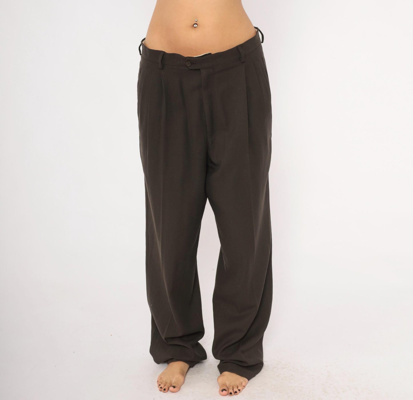 70s Wool Pleated Trousers Brown Micro-Check Wide Leg Dress Pants 36x33