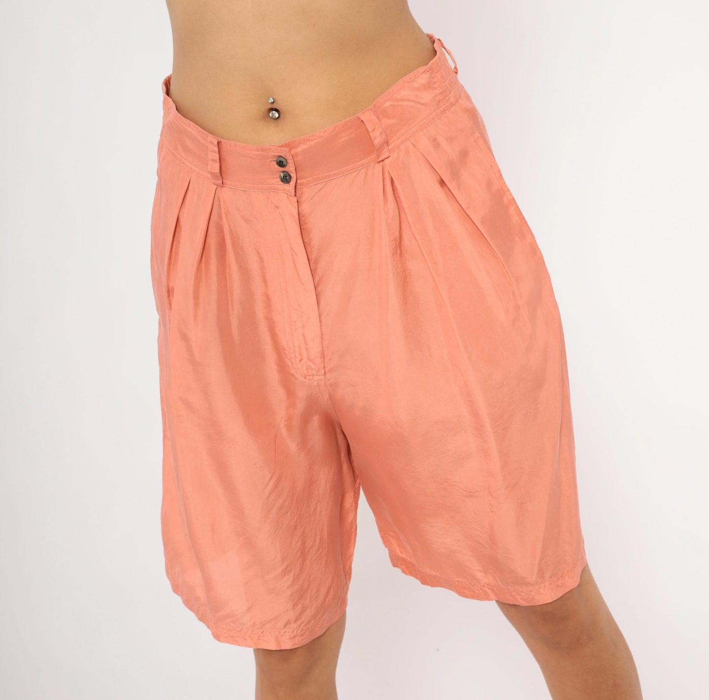 90s Forenza Silk Bermuda Shorts Peach Pleated High Waist Small S