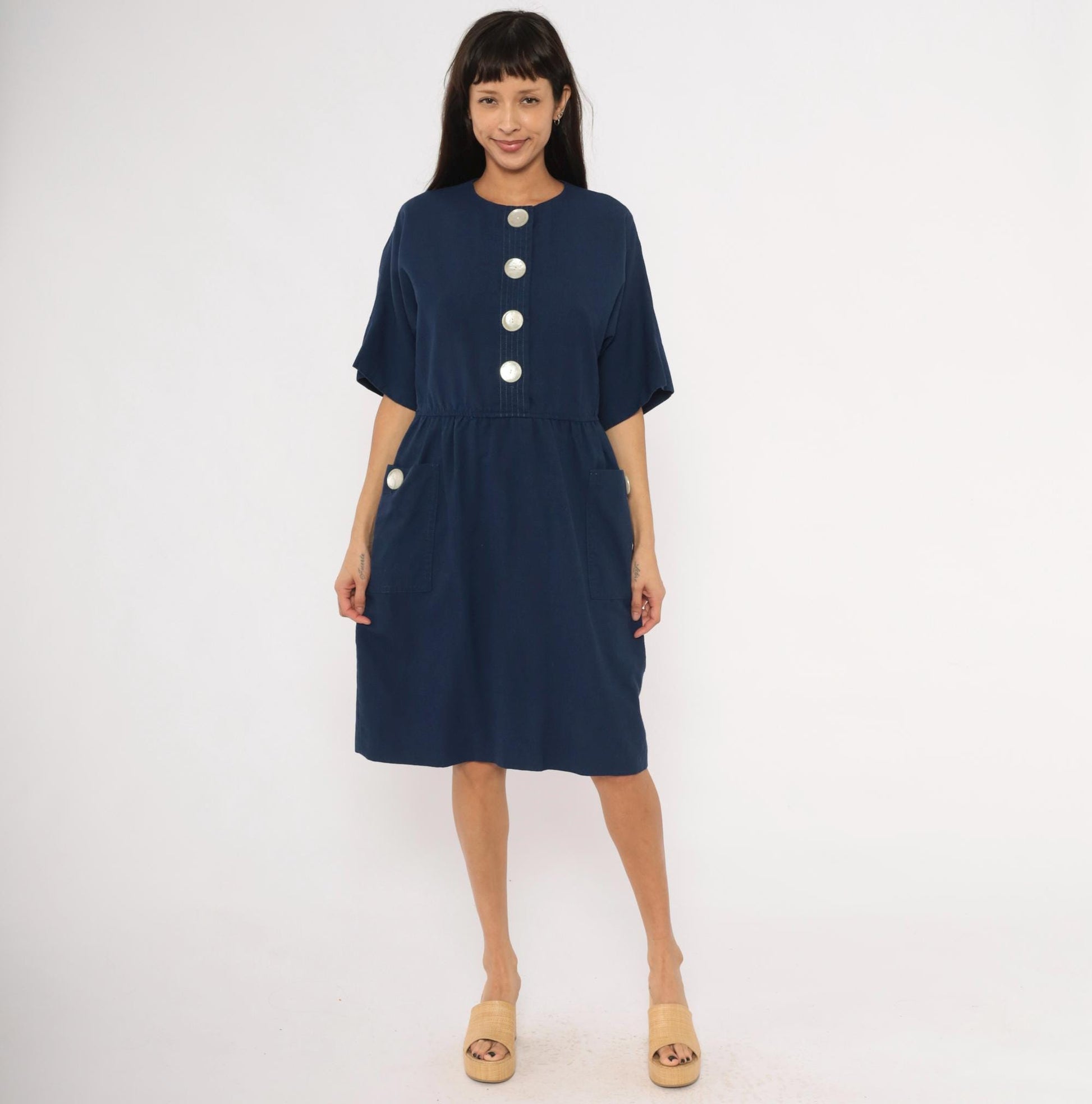 80s Leslie Fay Navy Button-Front Dress Knee-Length Elastic Waist Large L