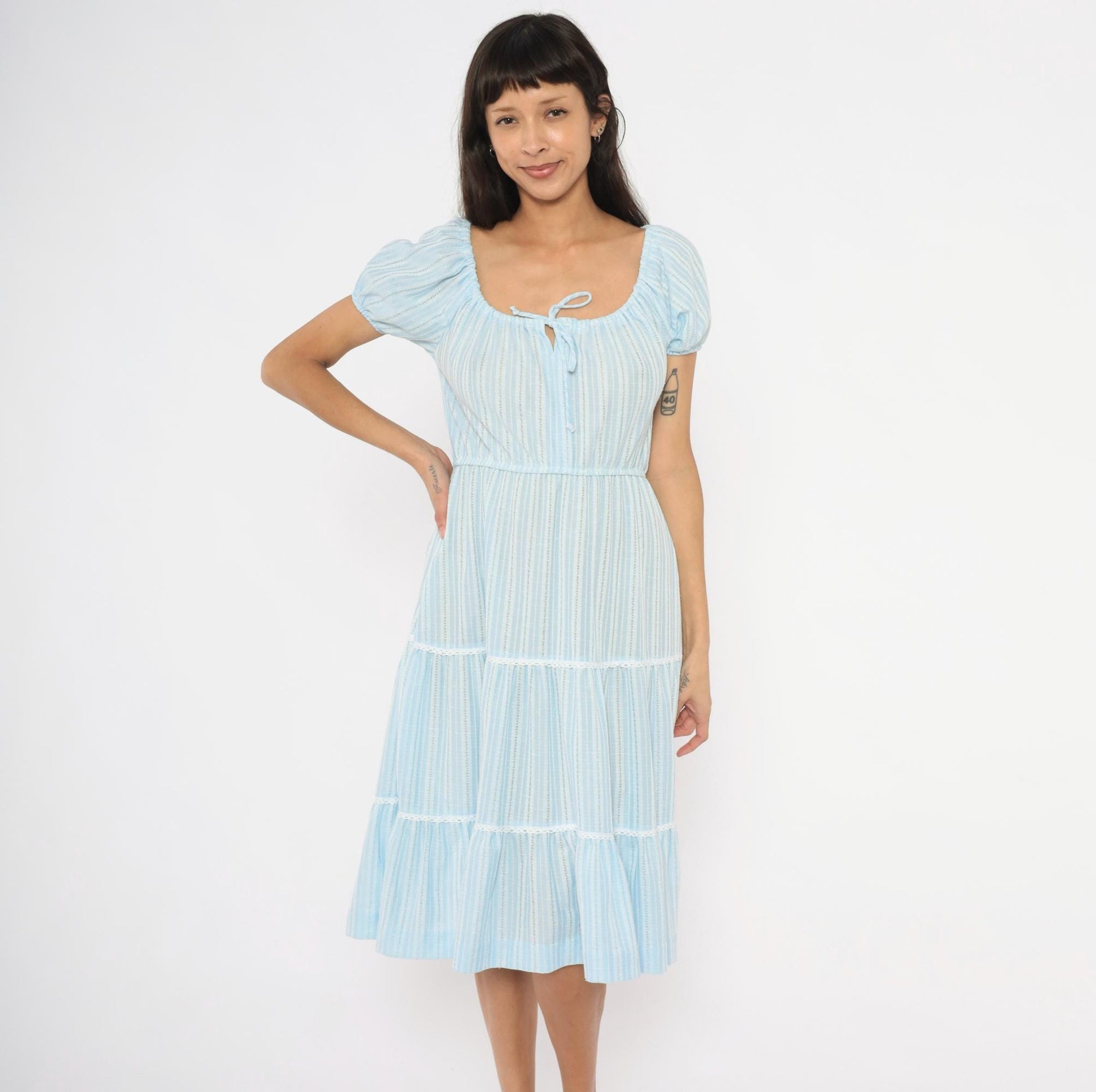 70s Sky Blue Striped Peasant Dress Puff Sleeve Tiered Skirt Lace Trim Medium M