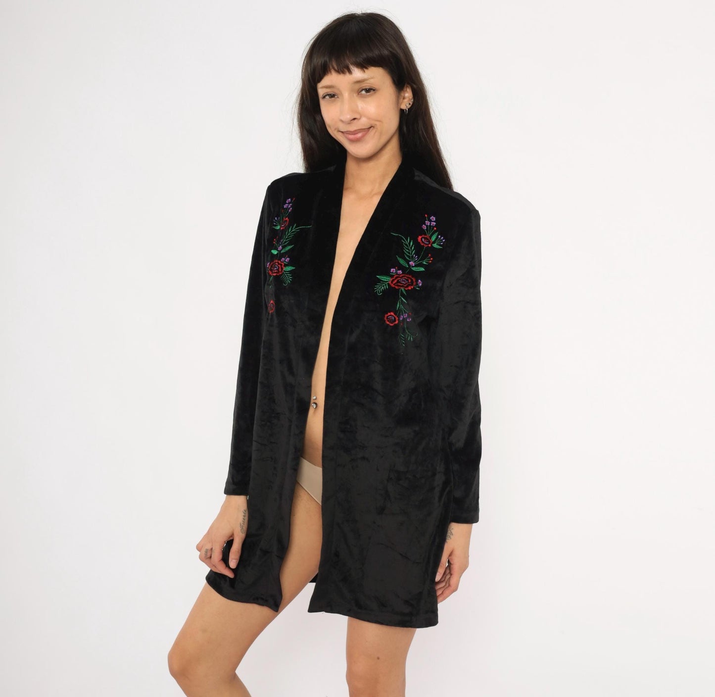 80s Blair Black Velvet Kimono Duster Embroidered Floral Rose Medium M