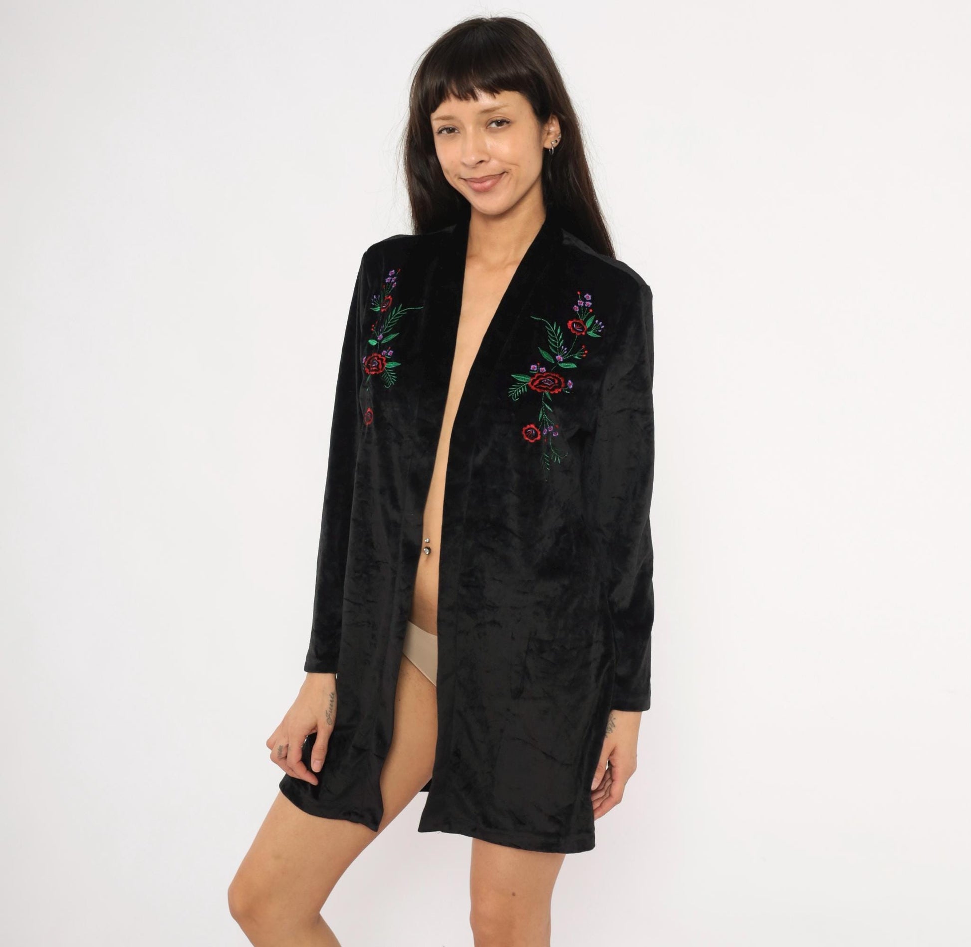 80s Blair Black Velvet Kimono Duster Embroidered Floral Rose Medium M