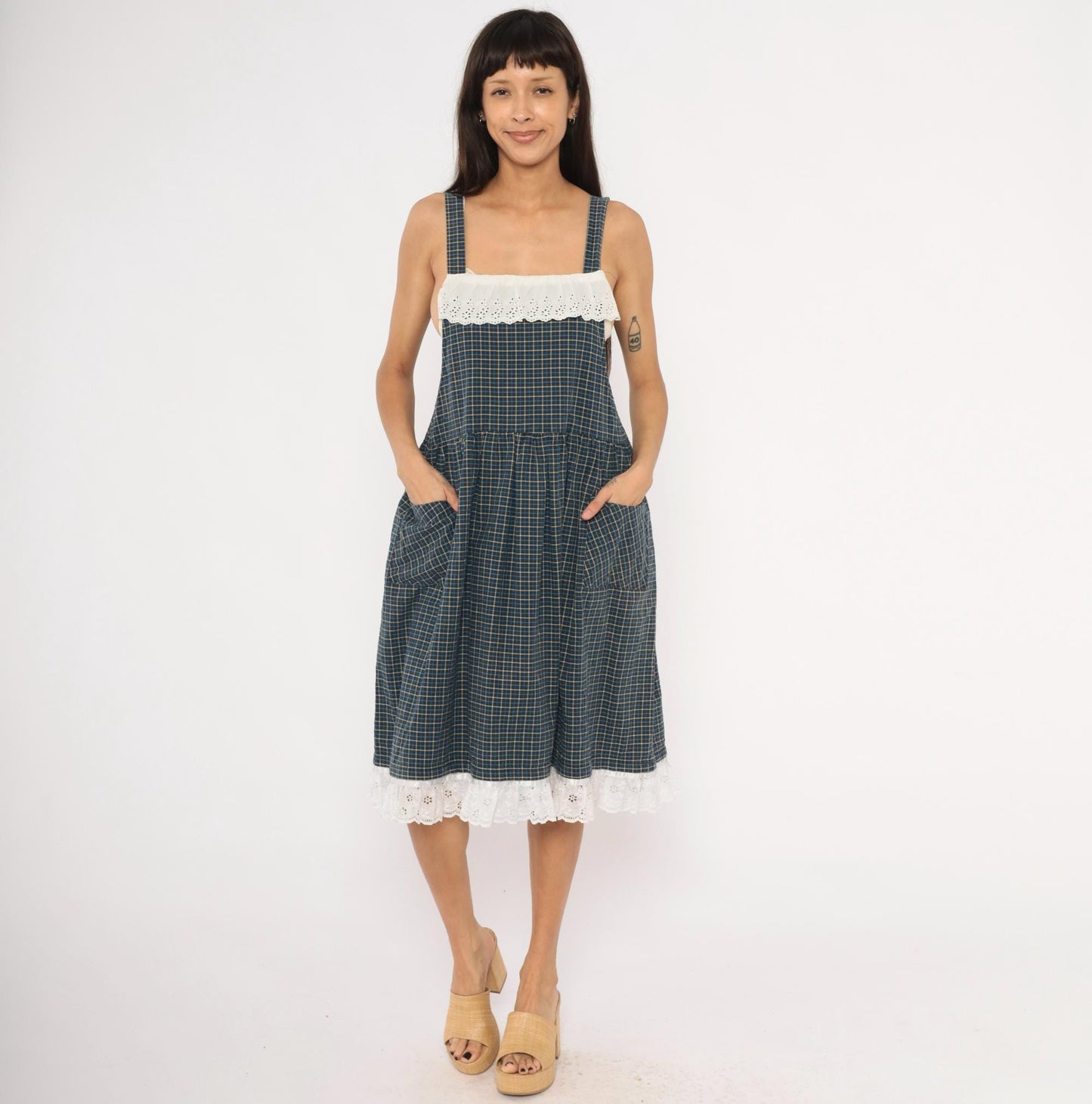 80s Navy Tan Plaid Pinafore Sundress Cotton Eyelet Lace Knee Medium