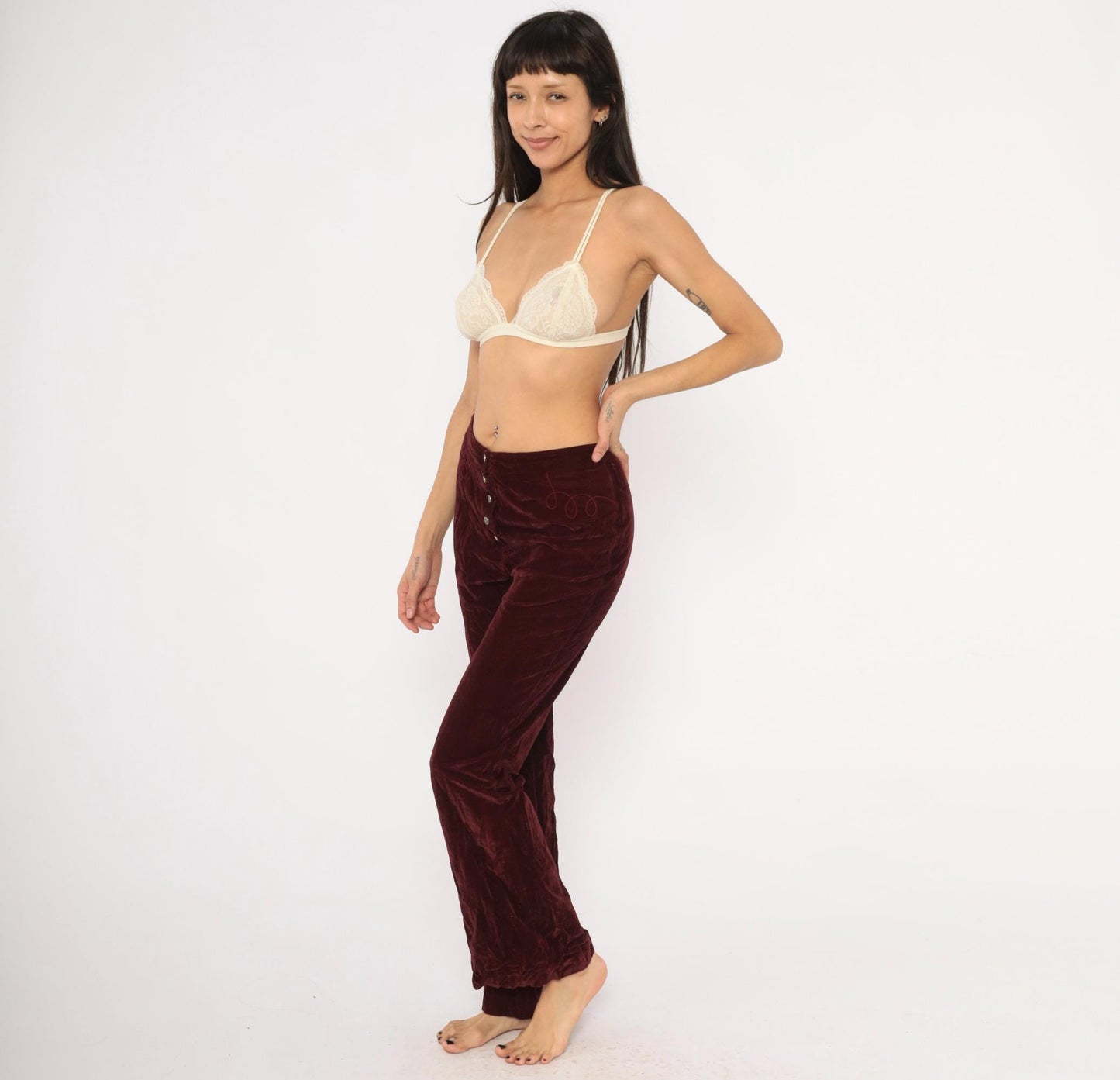 70s Burgundy Crushed Velvet Flare Pants Embroidered Low Rise Medium M