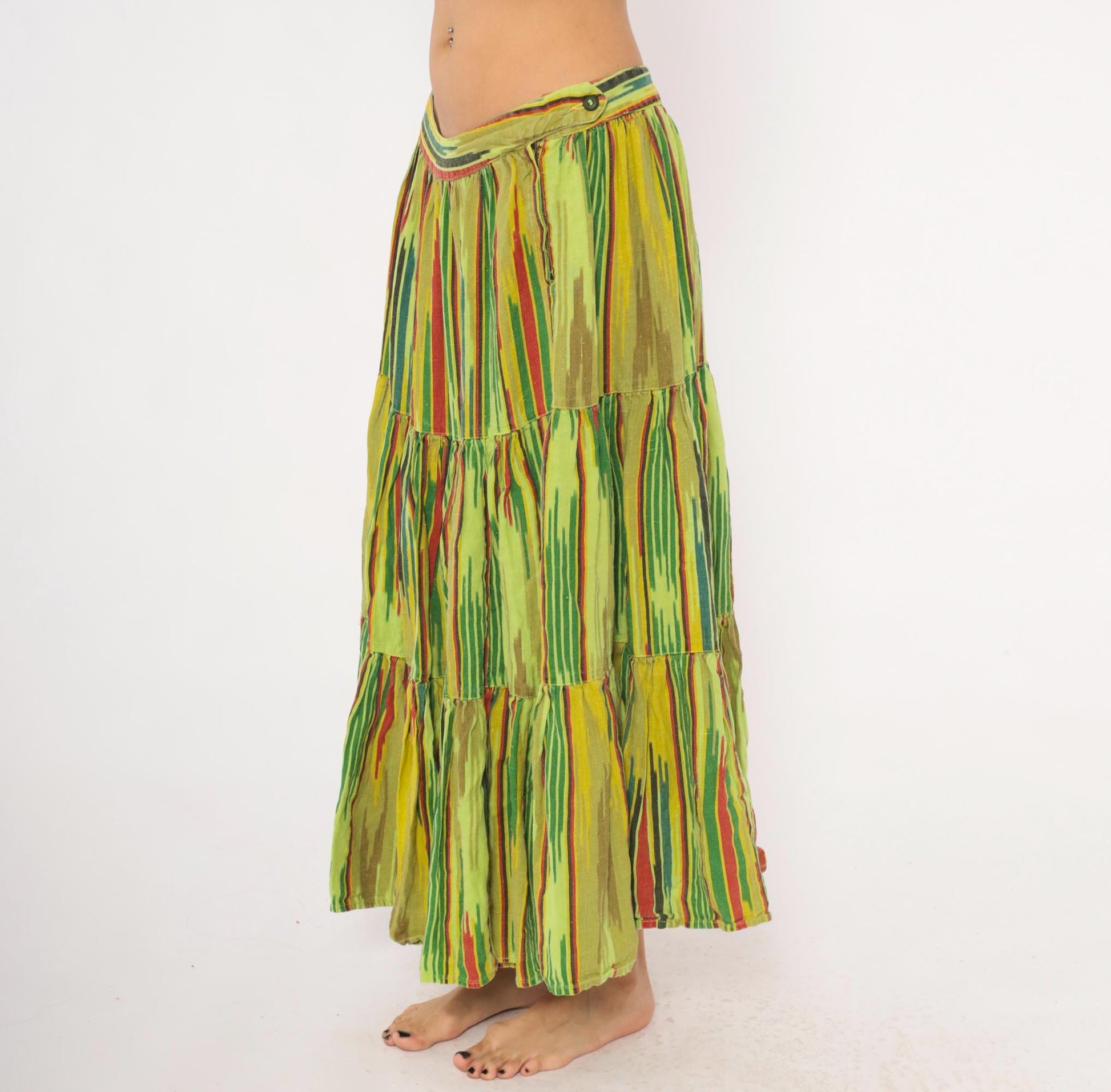 2000s Mason's Ikat Tiered Maxi Skirt Green Yellow Red Woven Large L