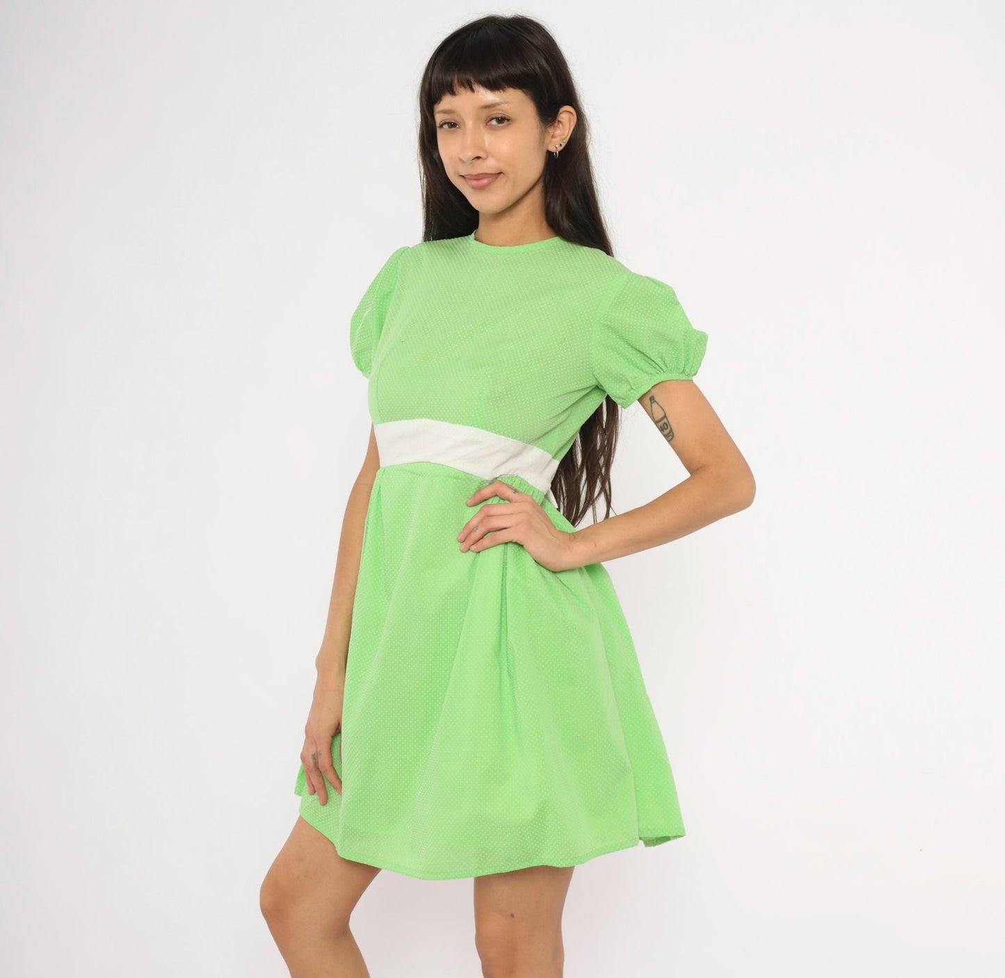 70s Lime Green Polka Dot Puff Sleeve Mini Dress Cotton Bow Waist Small S