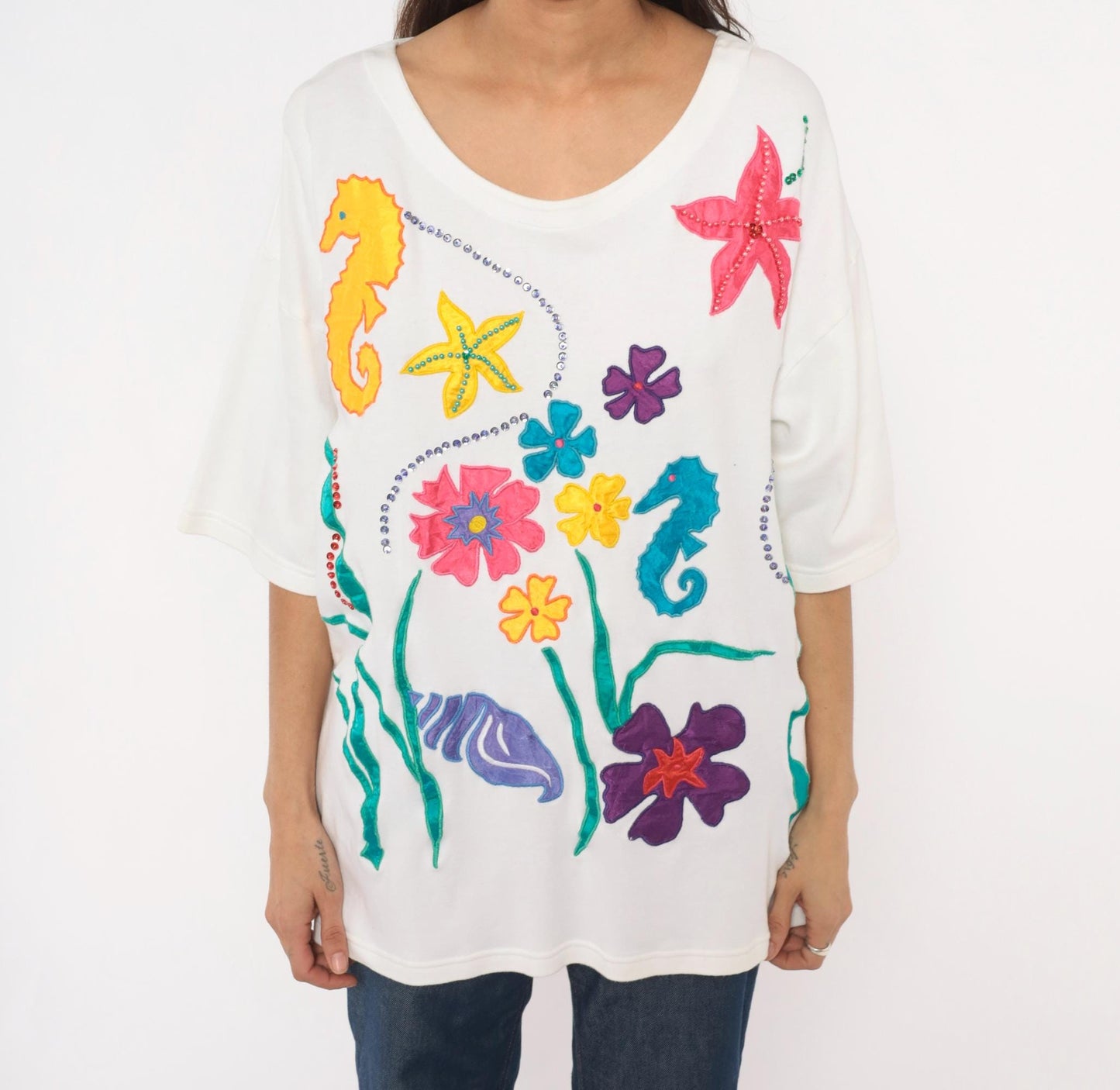 90s Extra-Touch Ocean Appliqué Tee Seahorse Starfish Rhinestone White XL