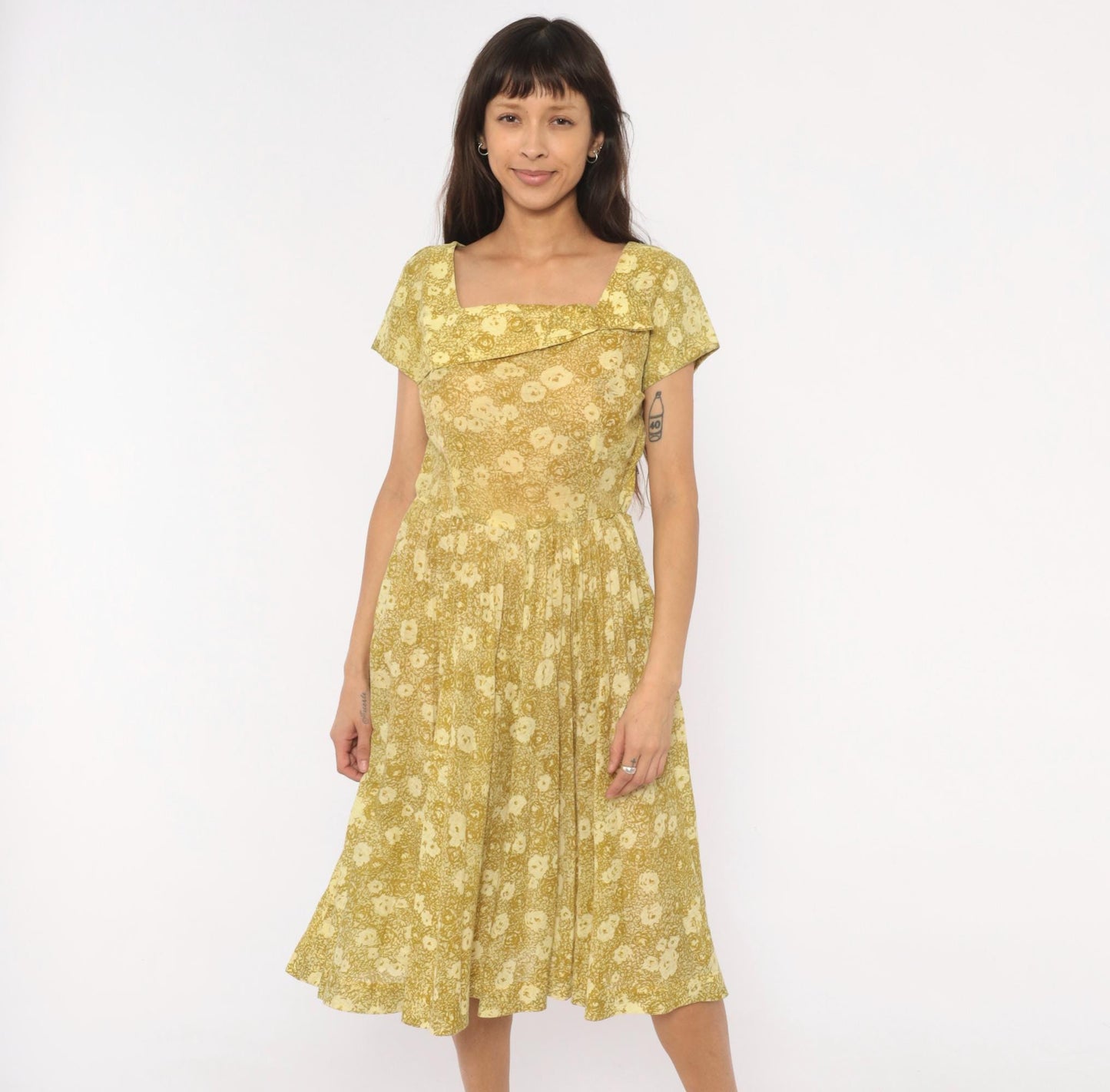 60s Annetta New York Floral Dress Square Neckline Pleated Full Skirt Medium