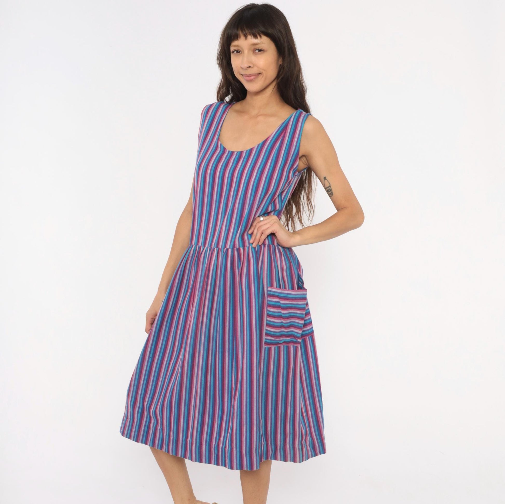90s Quetzal Striped Cotton Midi Sundress Purple Cobalt Scoop Neck Small