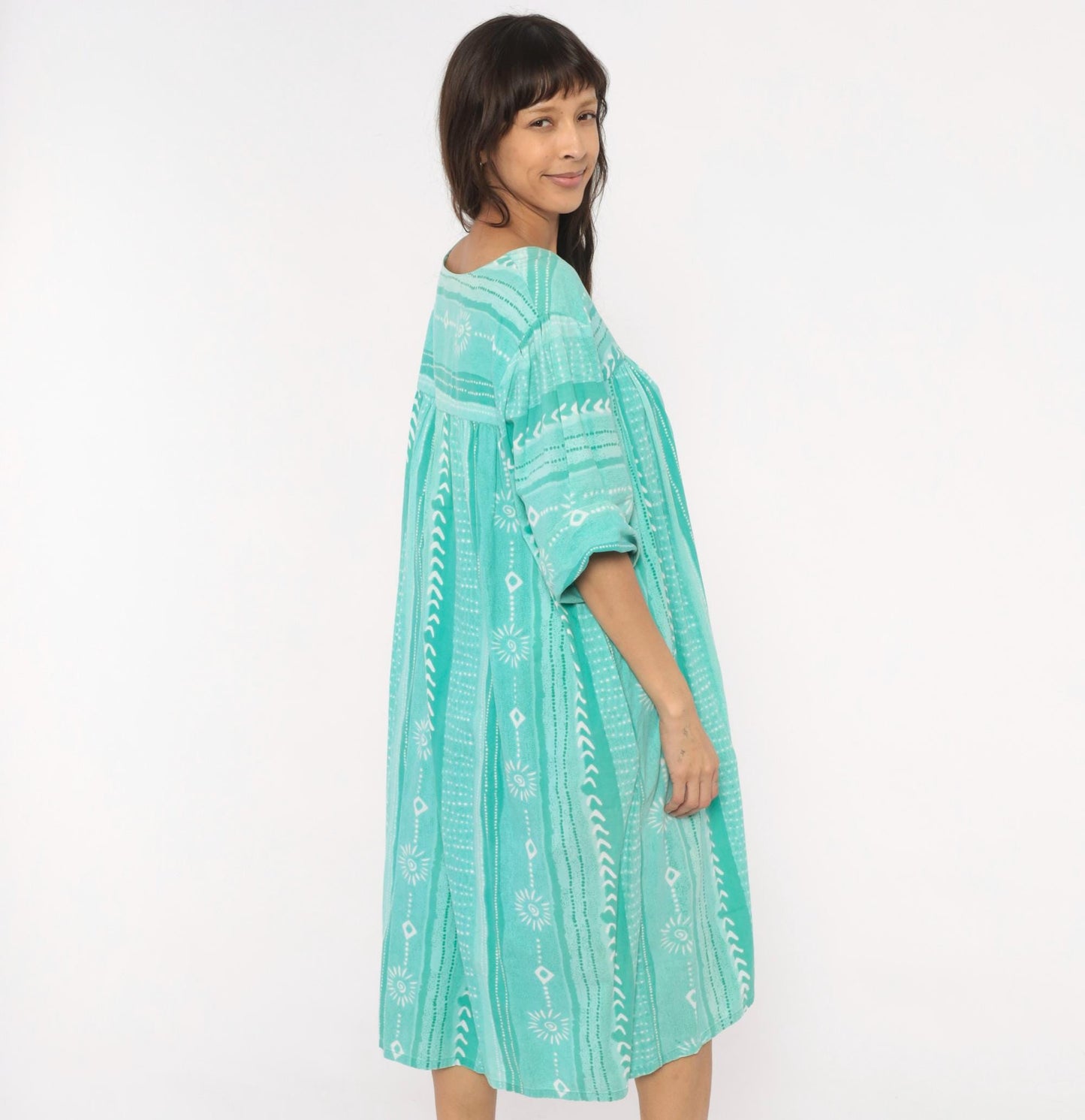 80s Styled By Saybury Teal Block Print Cotton Muumuu Midi Dress Plus Size 1X