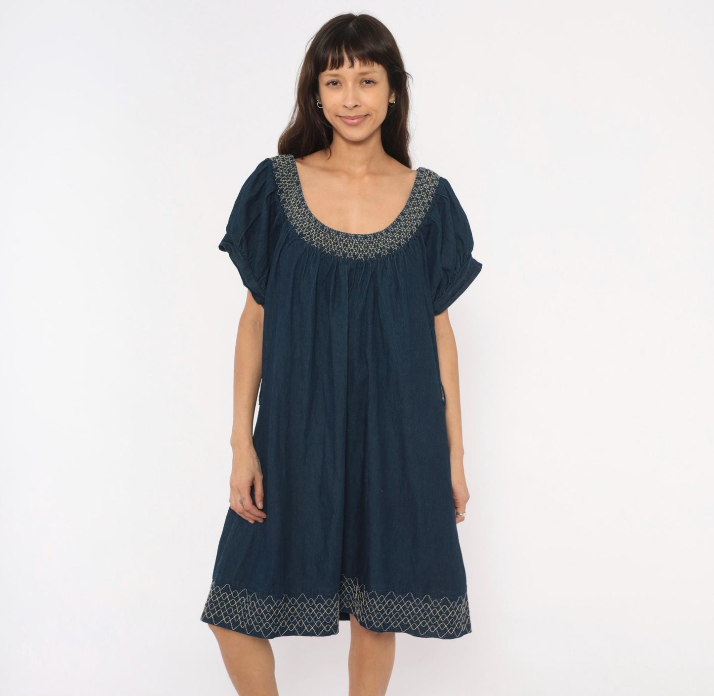 90s Roommates California Navy Denim Mini Dress Puff Sleeve Embroidered Plus Size 3X