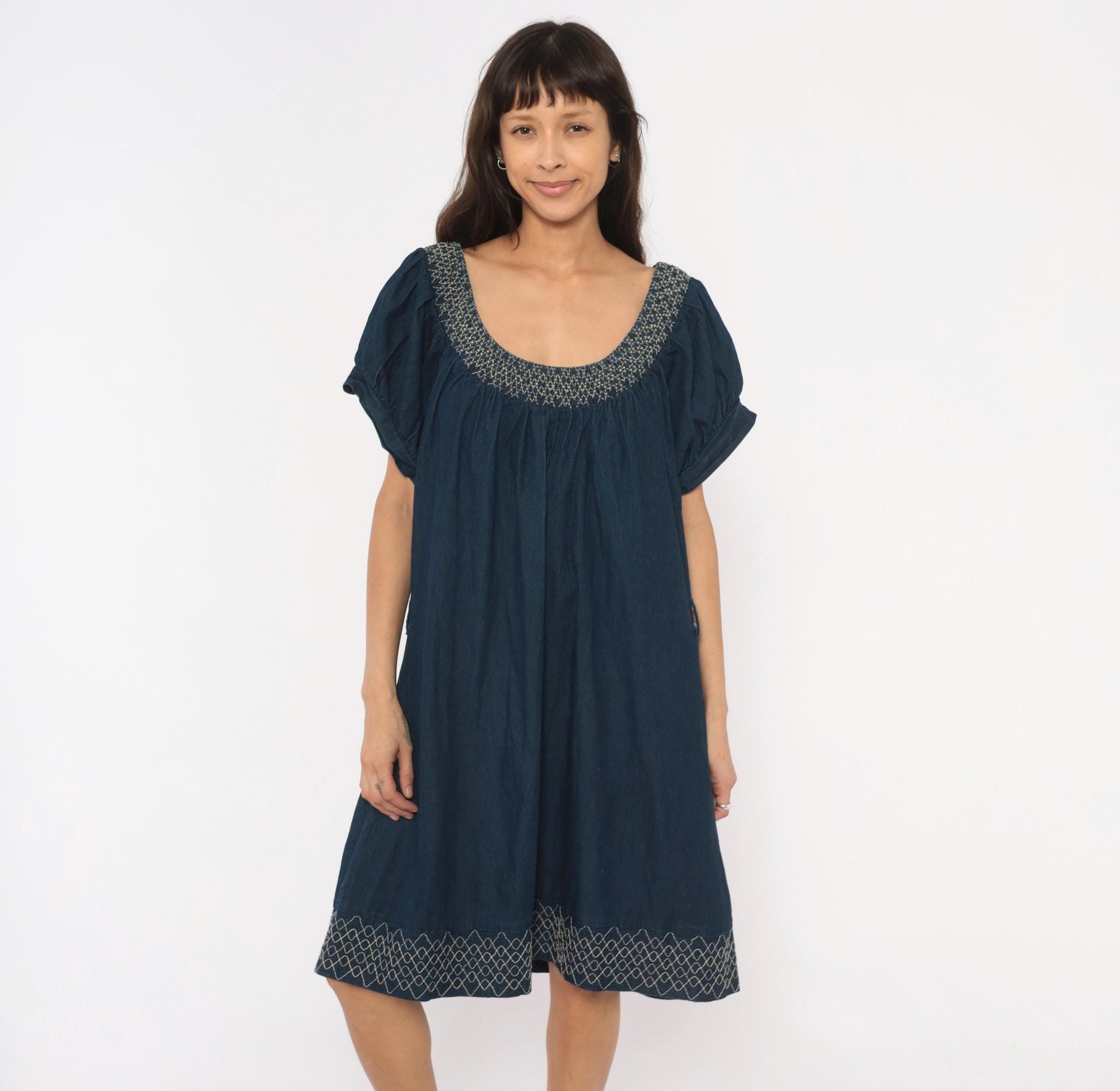 90s Roommates California Navy Denim Mini Dress Puff Sleeve Embroidered Plus Size 3X