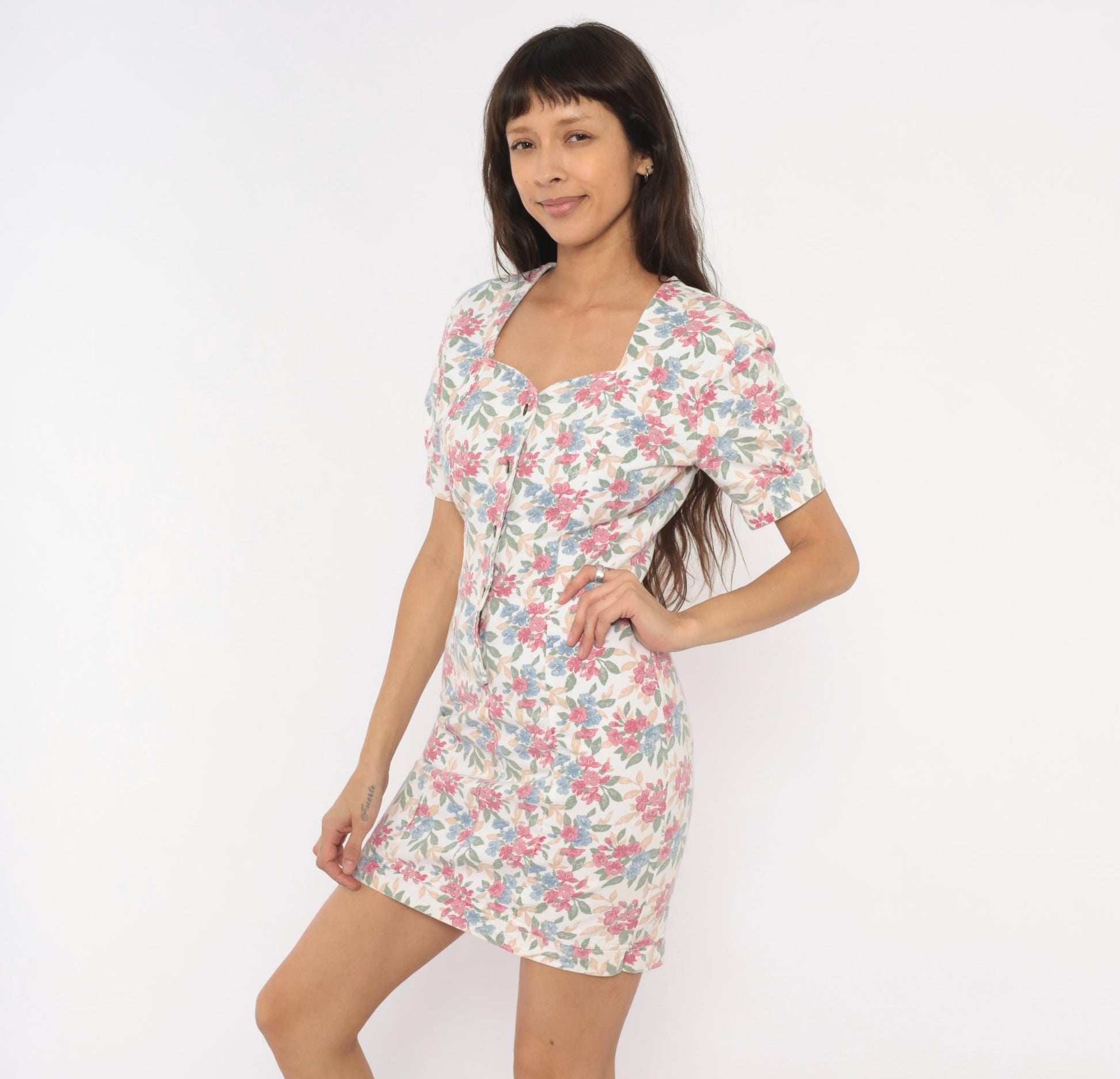 90s Hollywood Blvd Floral Mini Dress Sweetheart Puff Sleeve Cotton Small