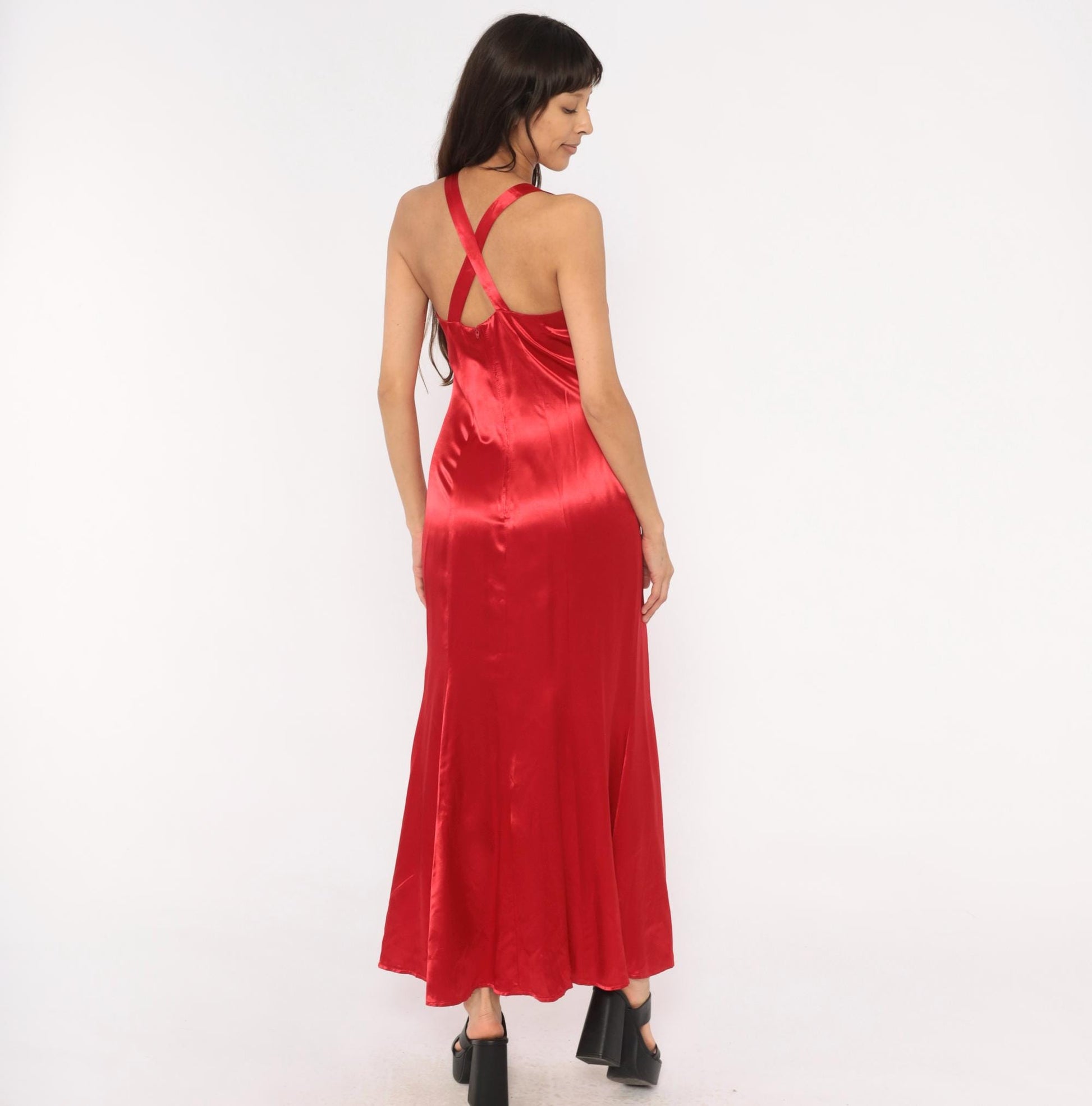 90s Be Smart Red Satin Maxi Slip Dress Bow Strap Crossback Small S