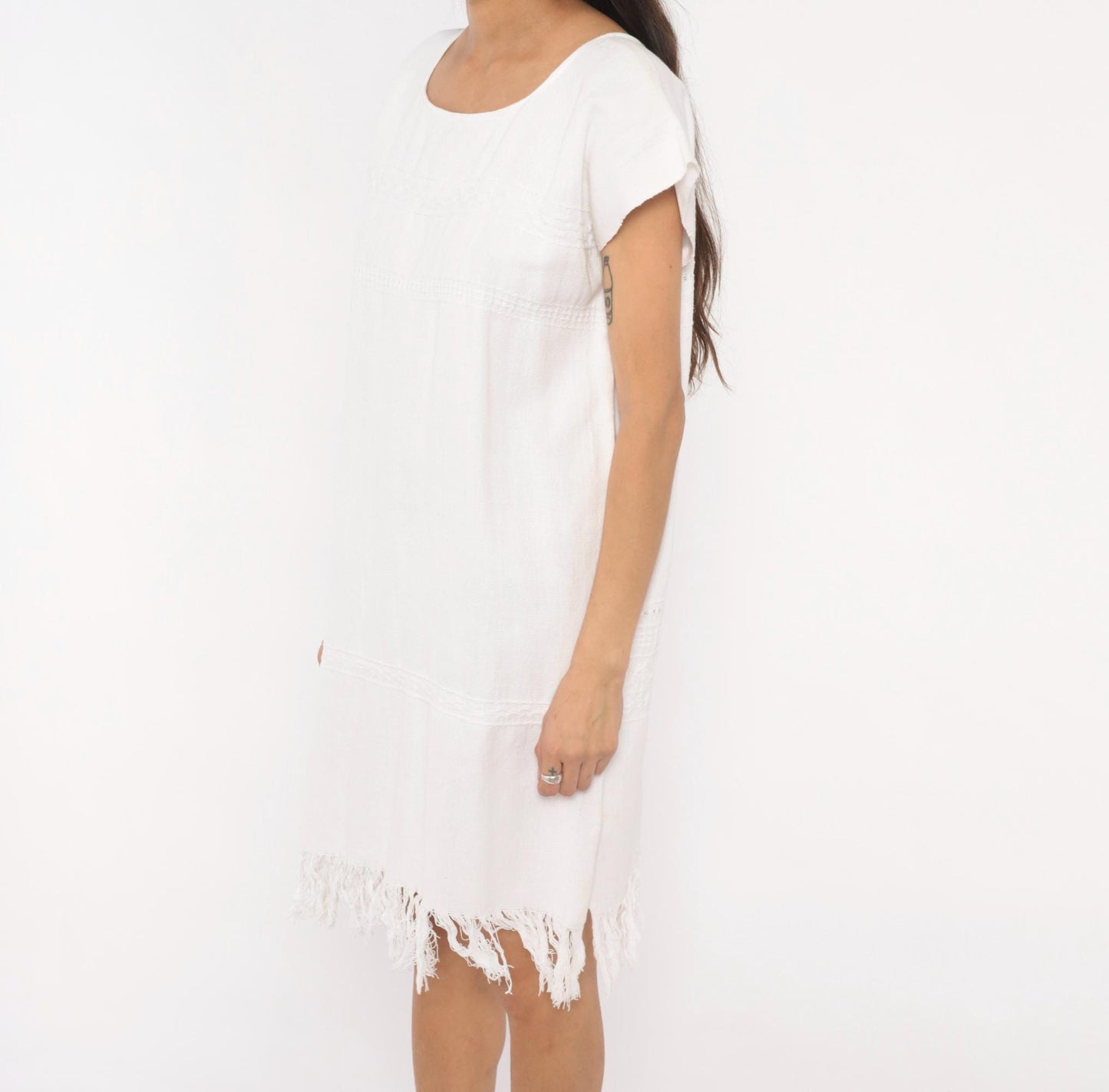 90s Buonarroti White Cotton Handwoven Shift Dress Fringe Hem Medium M